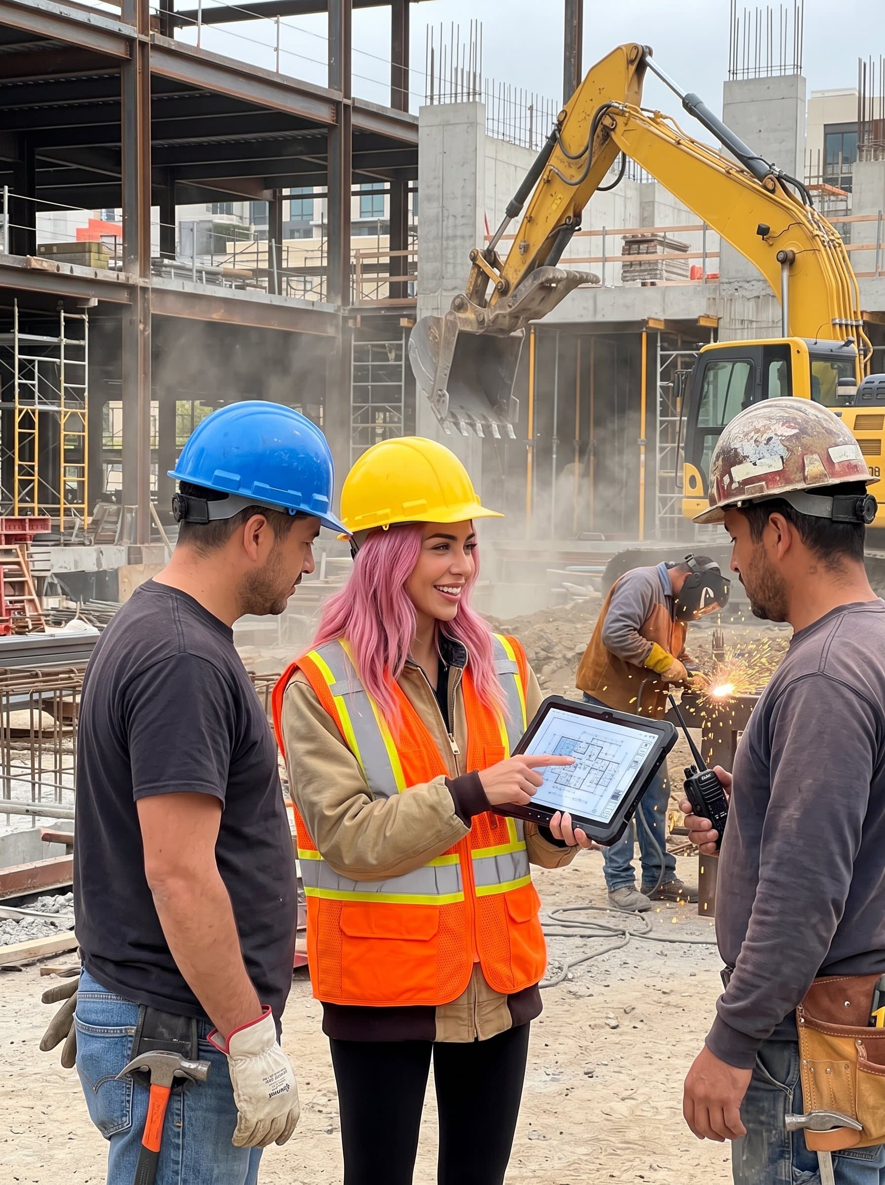 : Photograph a construction advisor, standing on-site with digital blueprints on a tablet, engaging with workers, wearing a hard hat and vest, amidst the sounds and sights of active construction work.
