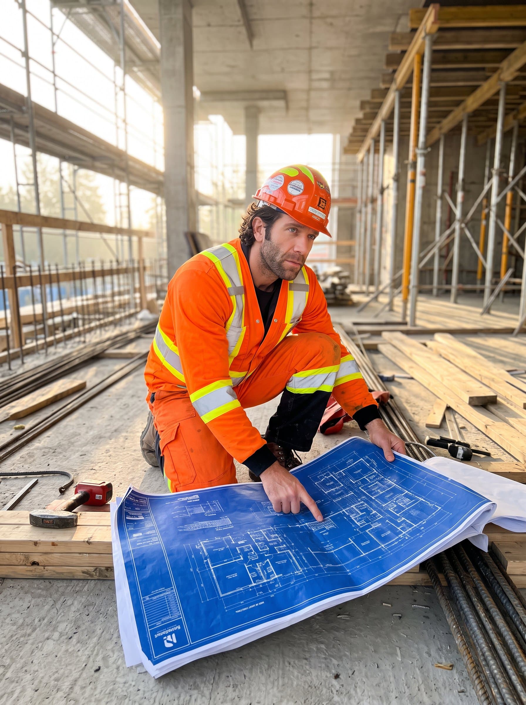 : Capture a construction technician in bright safety gear, kneeling on a construction site floor, examining detailed blueprints, surrounded by raw materials and scaffolding, under a soft morning light.