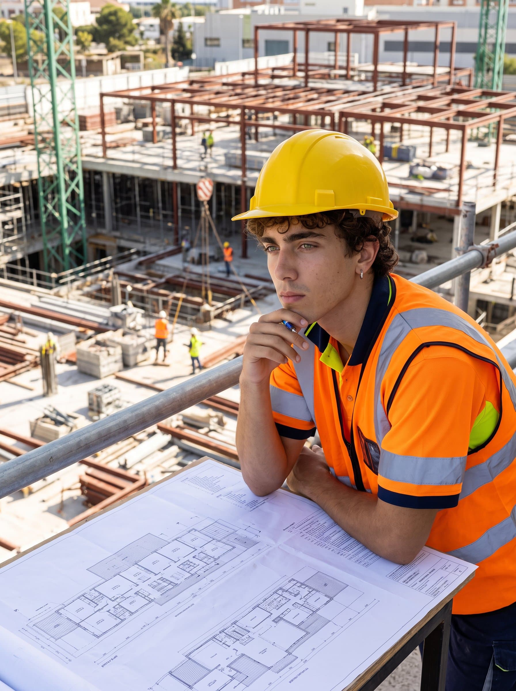 : Portrait of a construction strategist, wearing a reflective vest and helmet, thoughtfully surveying a construction site from a high vantage, with an array of architectural blueprints spread out before them.