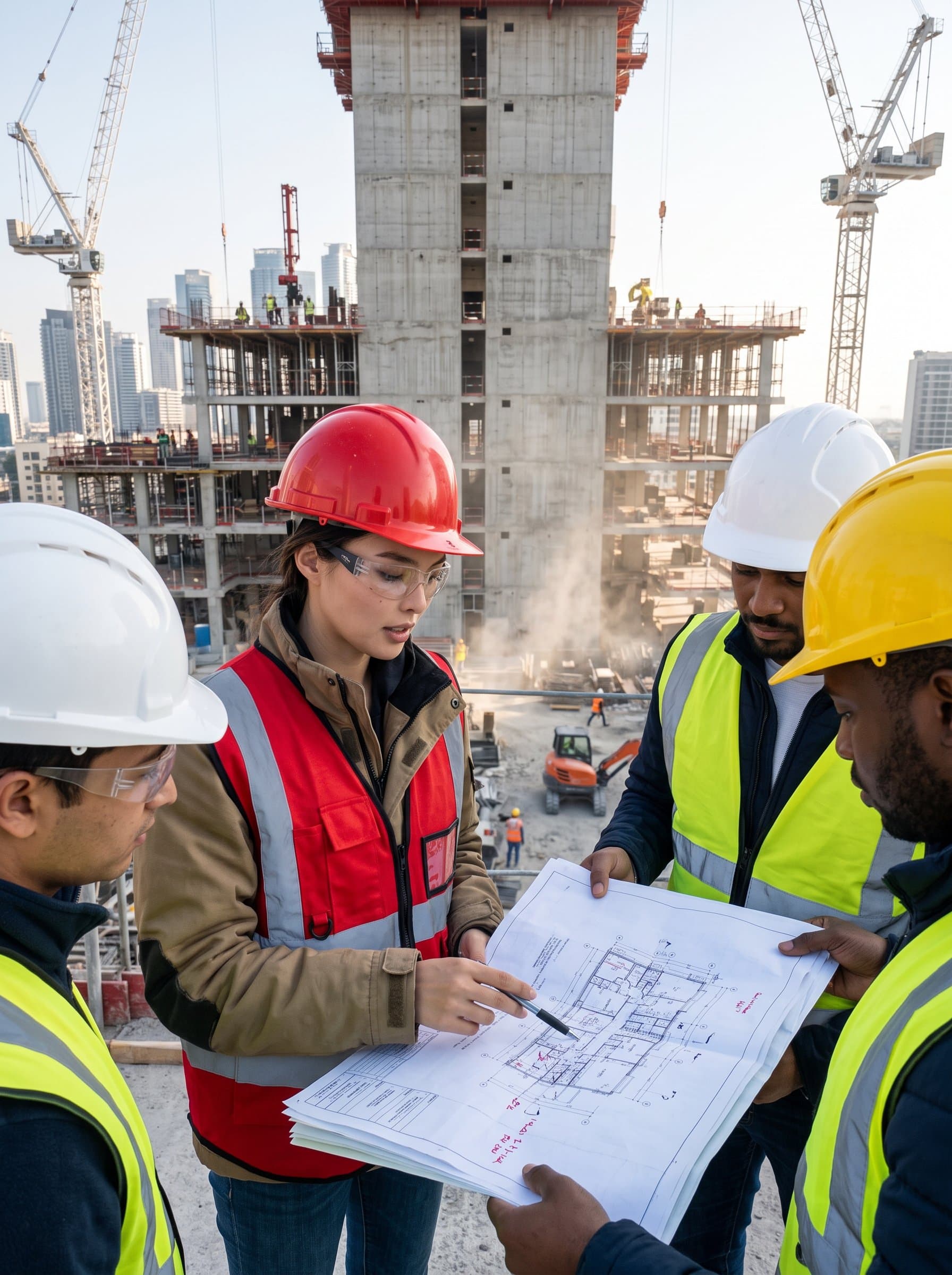 : Capture a construction director overseeing a busy site, wearing a red hard hat and vest, with a team of engineers, marked blueprints in hand, set against a backdrop of construction cranes.