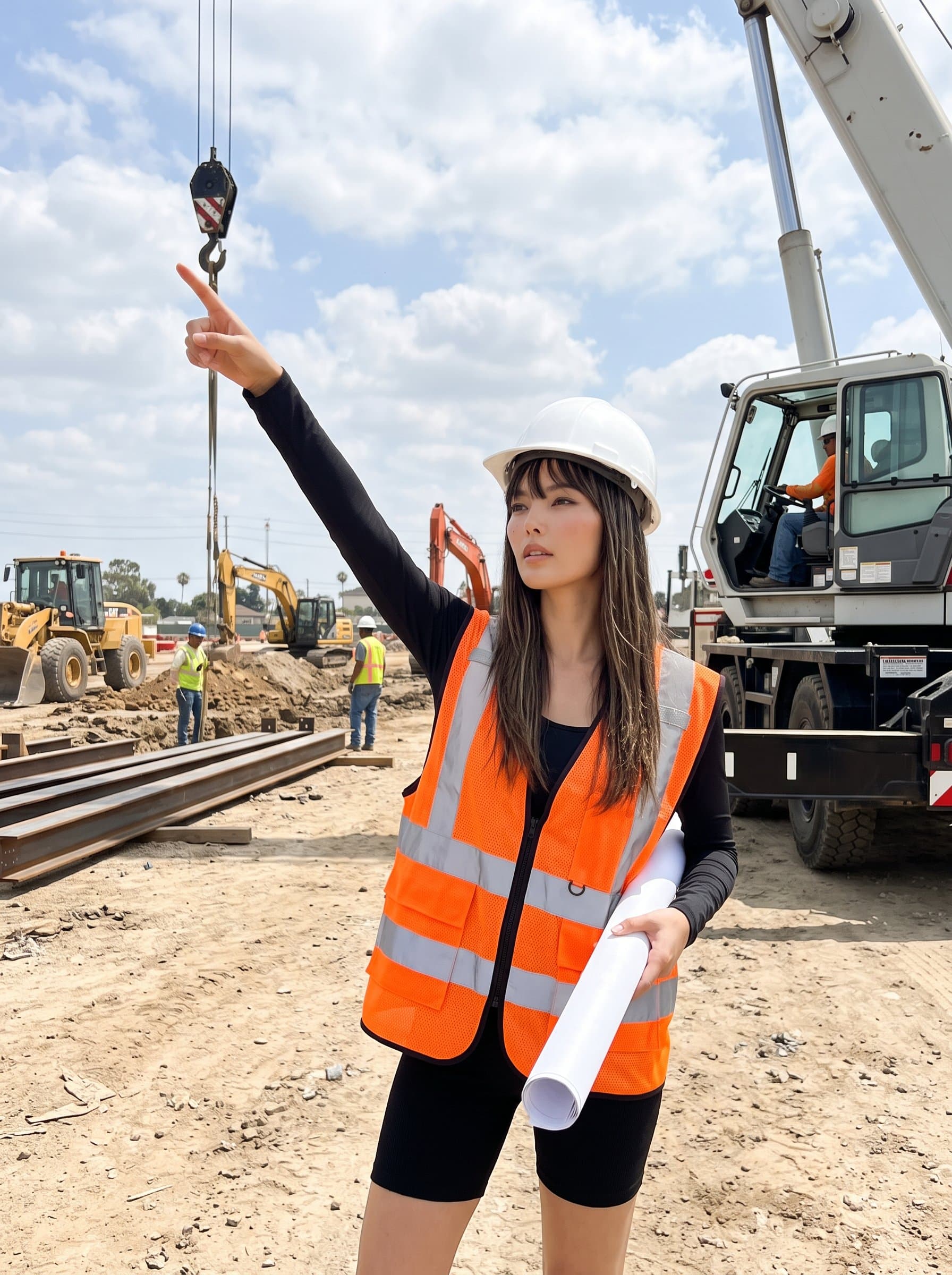 : Image of a site coordinator in an orange vest, directing a crane operation, with rolled-up blueprints tucked under their arm, amidst a bustling site of earthmovers and construction workers.