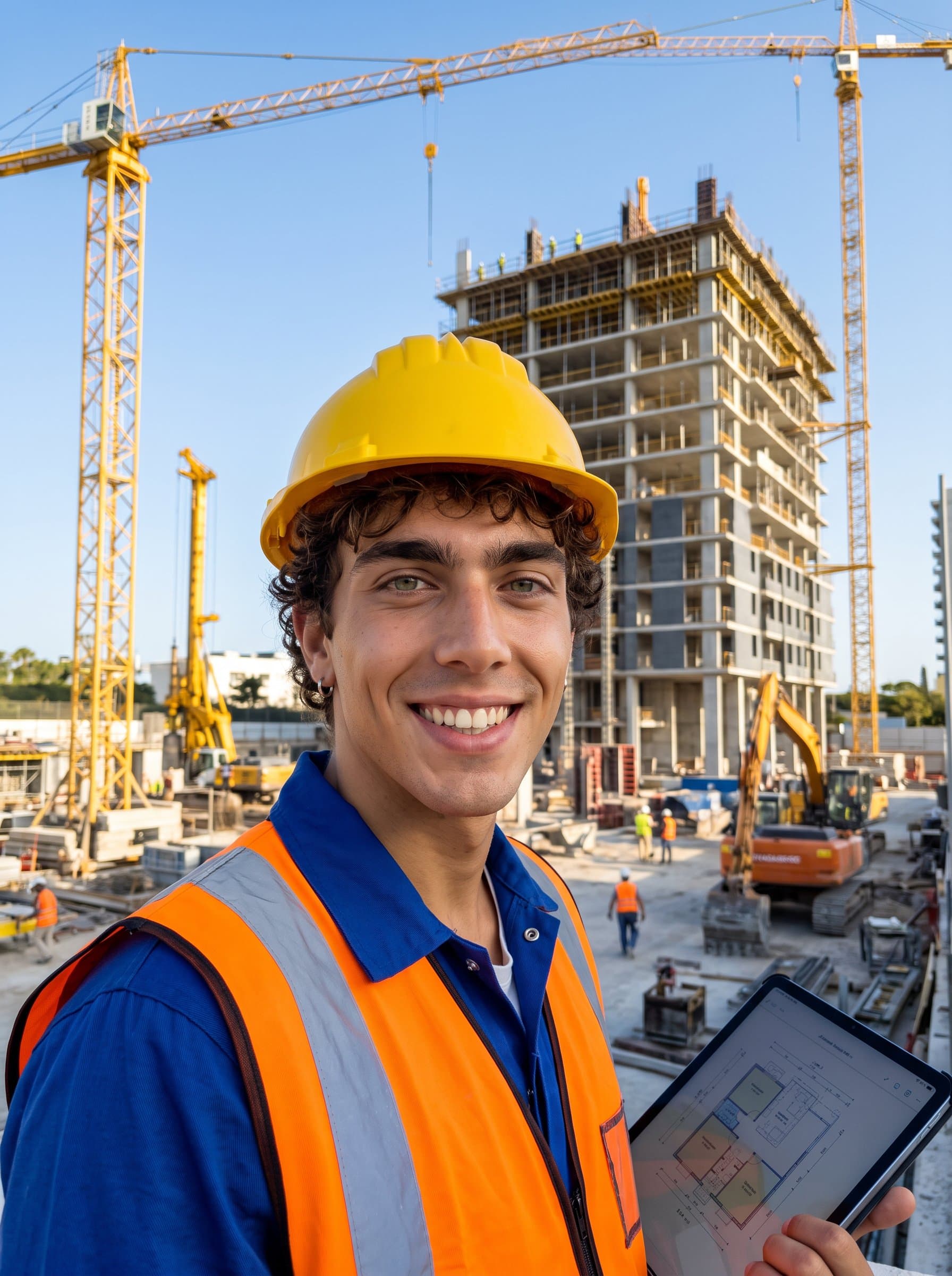 : Close-up of a construction analyst in a yellow hard hat, smiling confidently, with a backdrop of a construction site featuring towering cranes and workers building a skyscraper, under a clear blue sky.