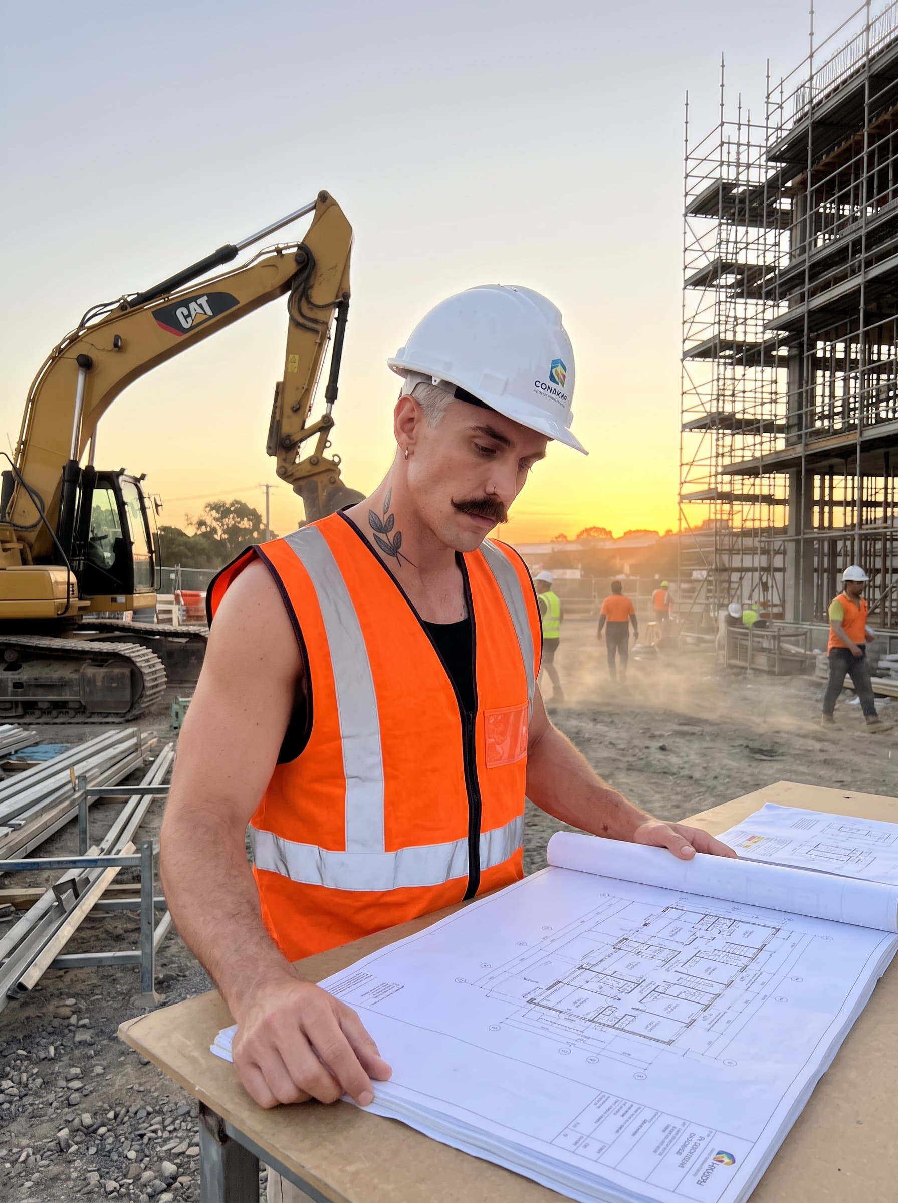 : Focus on a skilled construction manager in a vibrant safety vest and white hard hat, reviewing architectural plans at a busy site, flanked by towering scaffolding and heavy-duty machinery, with a sunset backdrop.