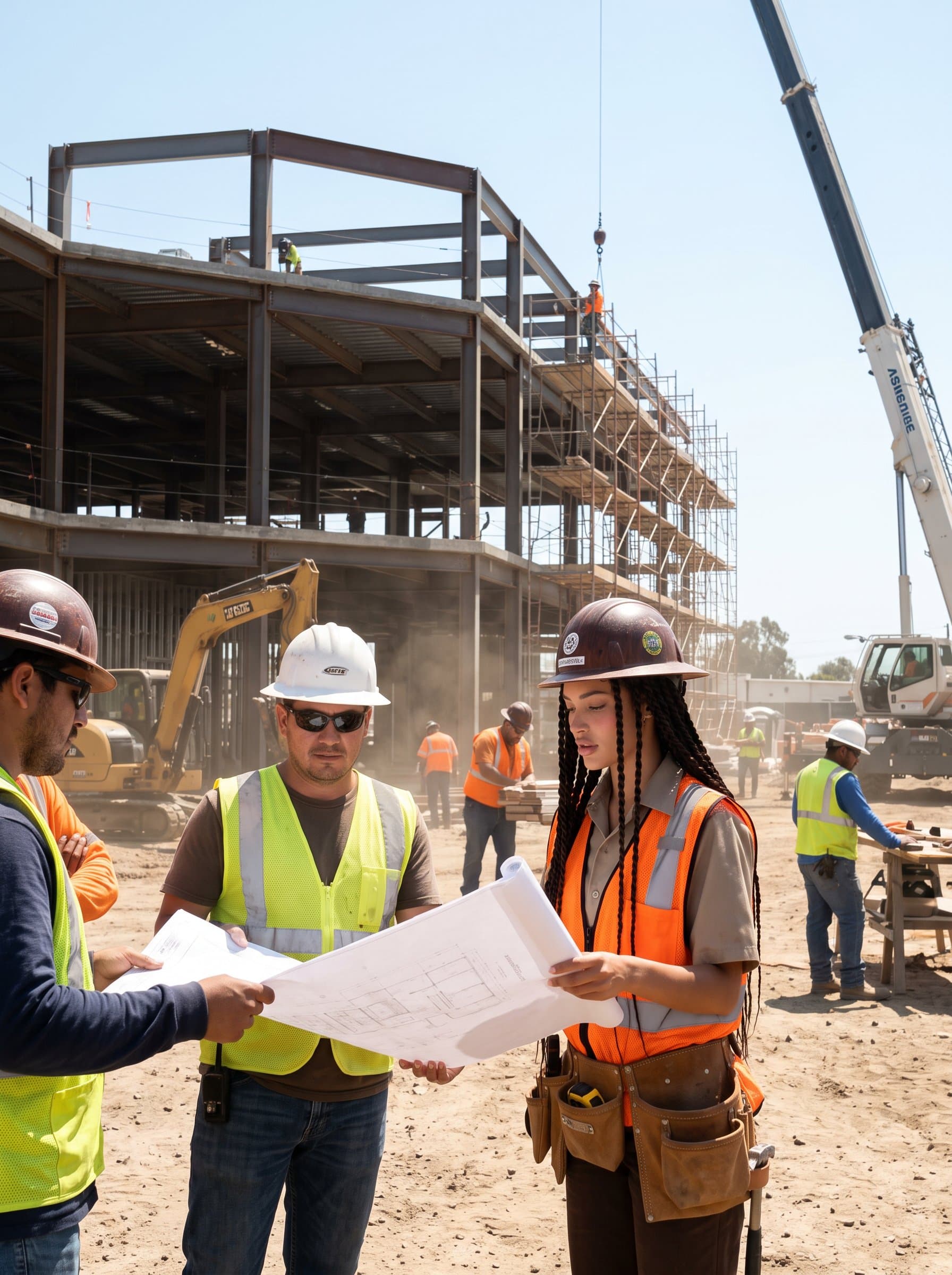 : Capture a construction foreperson in a safety vest, holding a set of blueprints, with a half-constructed building behind them, surrounded by a team of workers and construction vehicles.