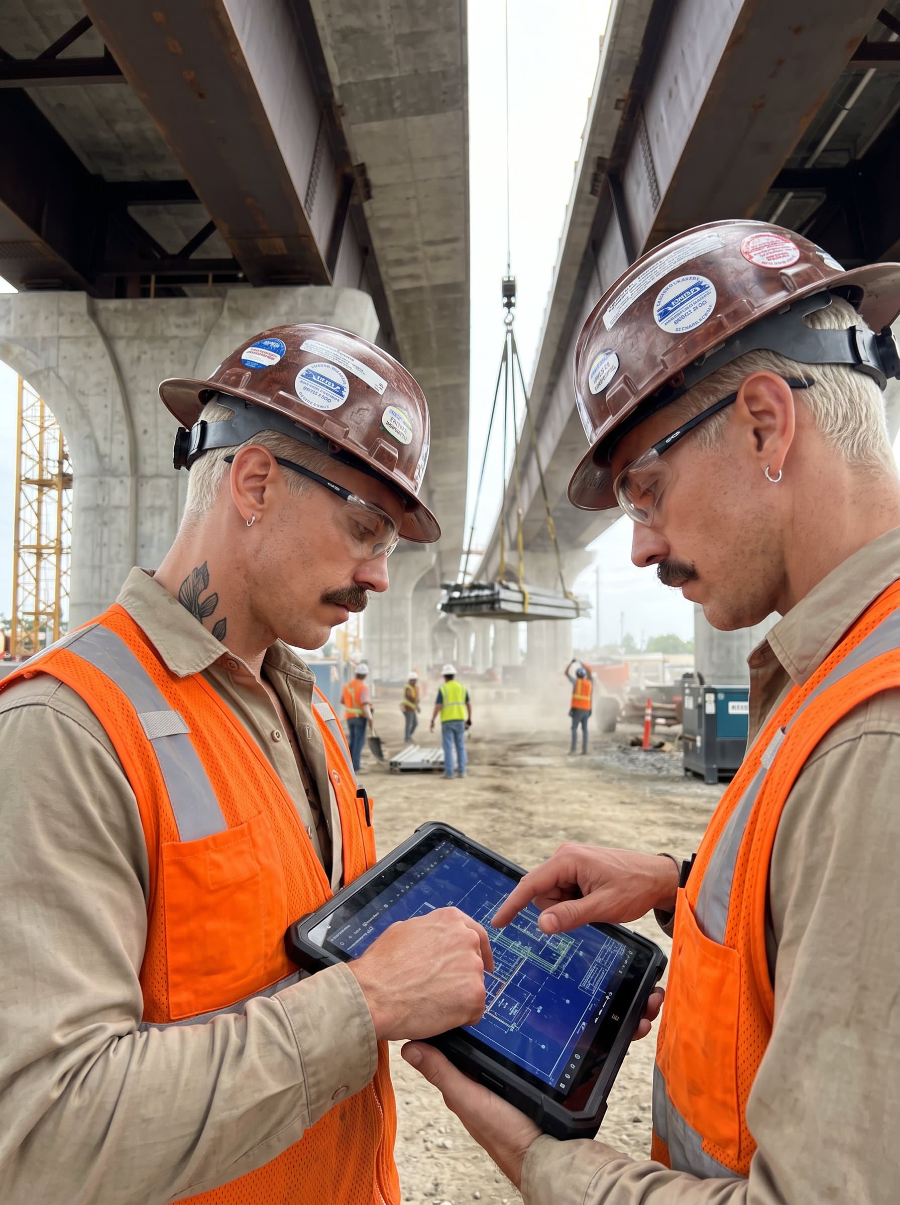 : Photograph of a lead construction engineer, standing under a partially completed bridge, reviewing digital blueprints on a tablet, with a safety vest and hard hat amidst a scene of industrious activity.