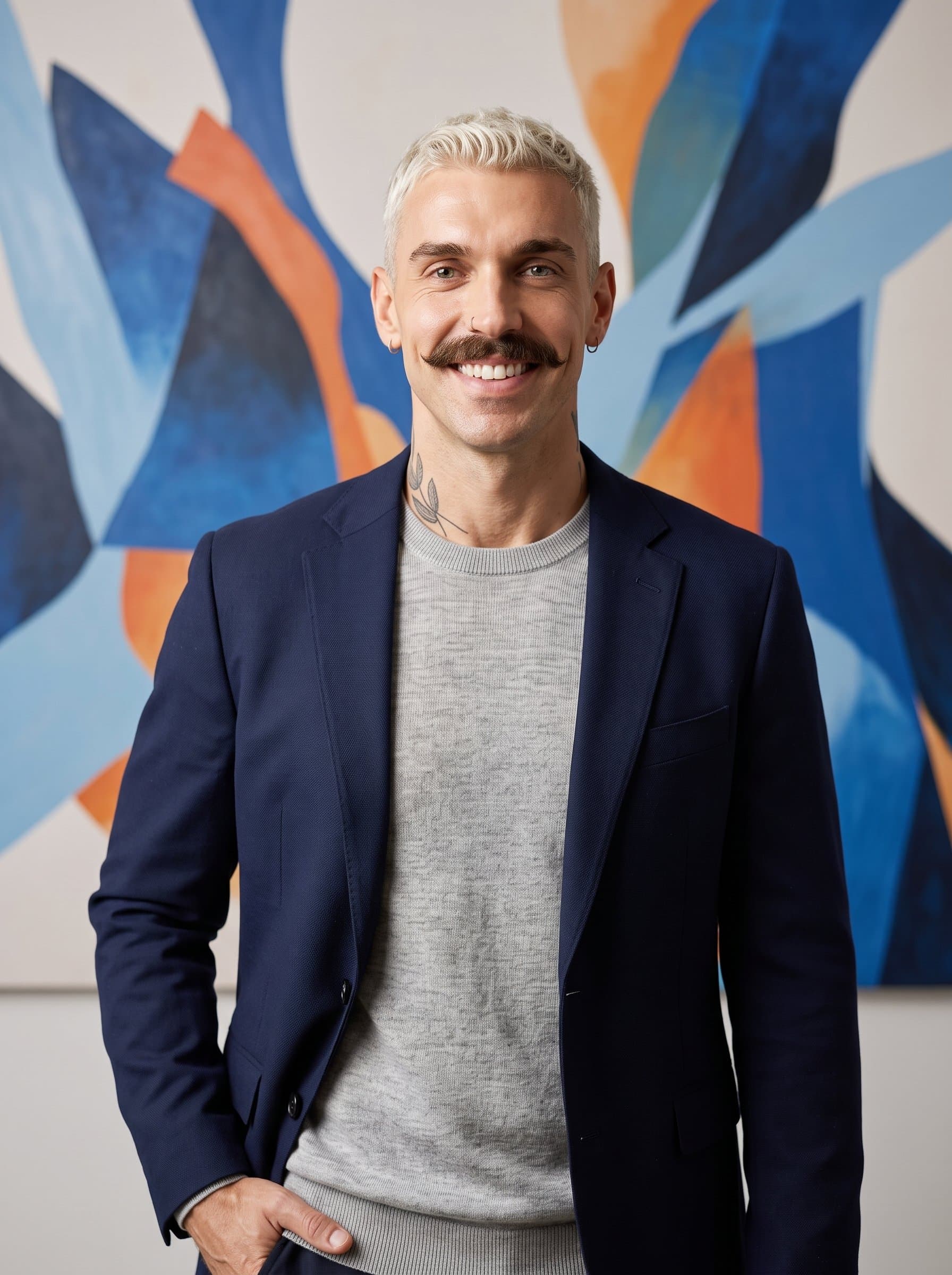 in semi-casual attire, with a warm, inviting smile. A background of abstract art subtly speaks to creativity and innovation.