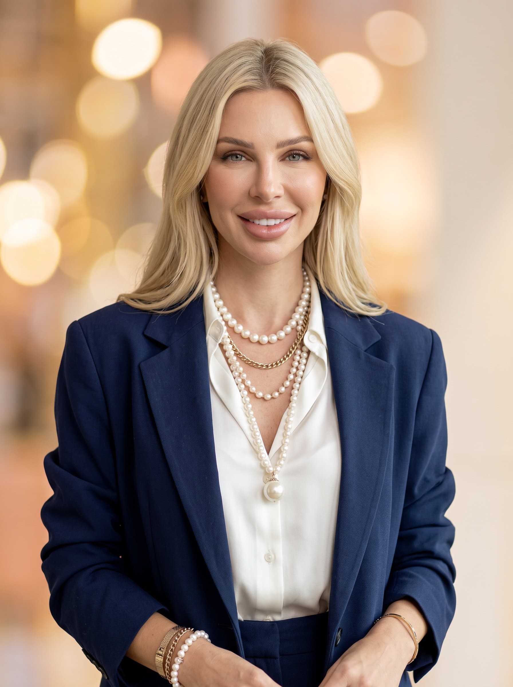 facing the camera with a gentle smile, donning casual business attire. An abstract, warm-toned background highlights a balance between professionalism and friendliness.