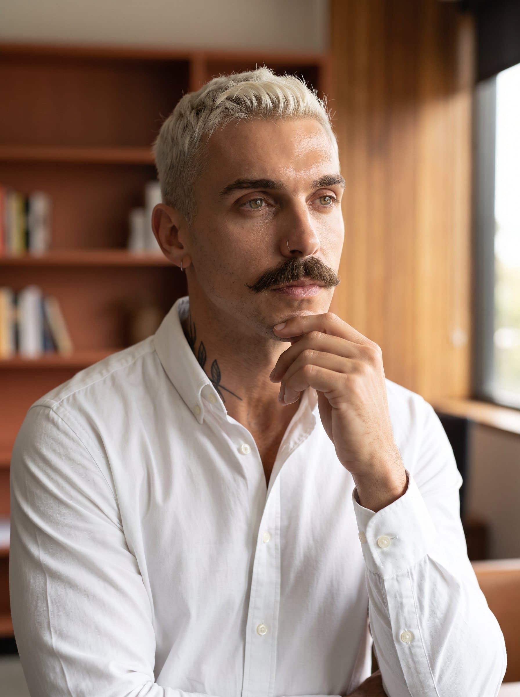 with a thoughtful expression, dressed in a classic button-up shirt. The softly focused earthy-tone backdrop conveys warmth and professionalism.