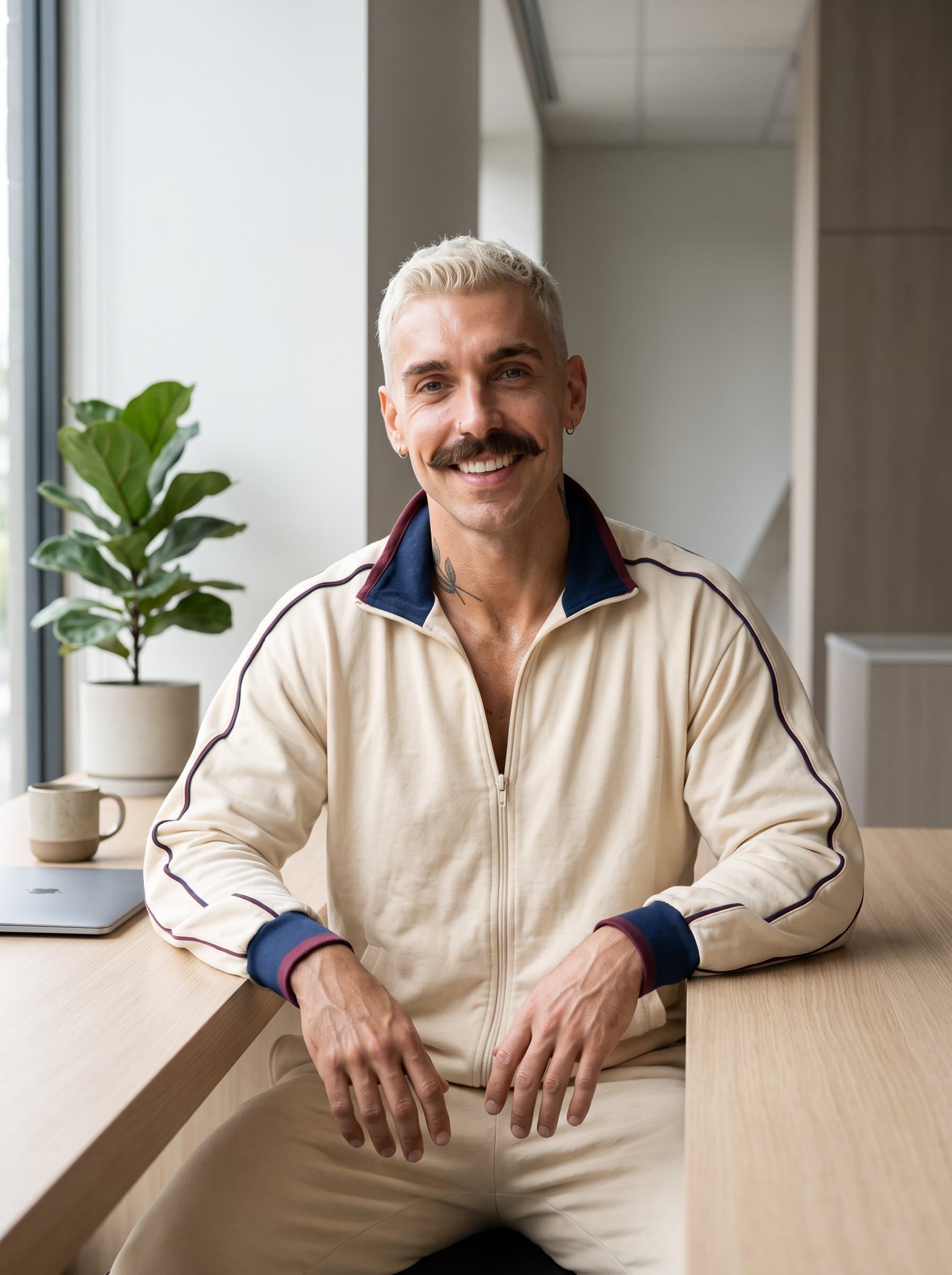 captured in natural light, with welcoming eyes and relaxed shoulders. A minimalist office background reinforces a sense of leadership and dedication.