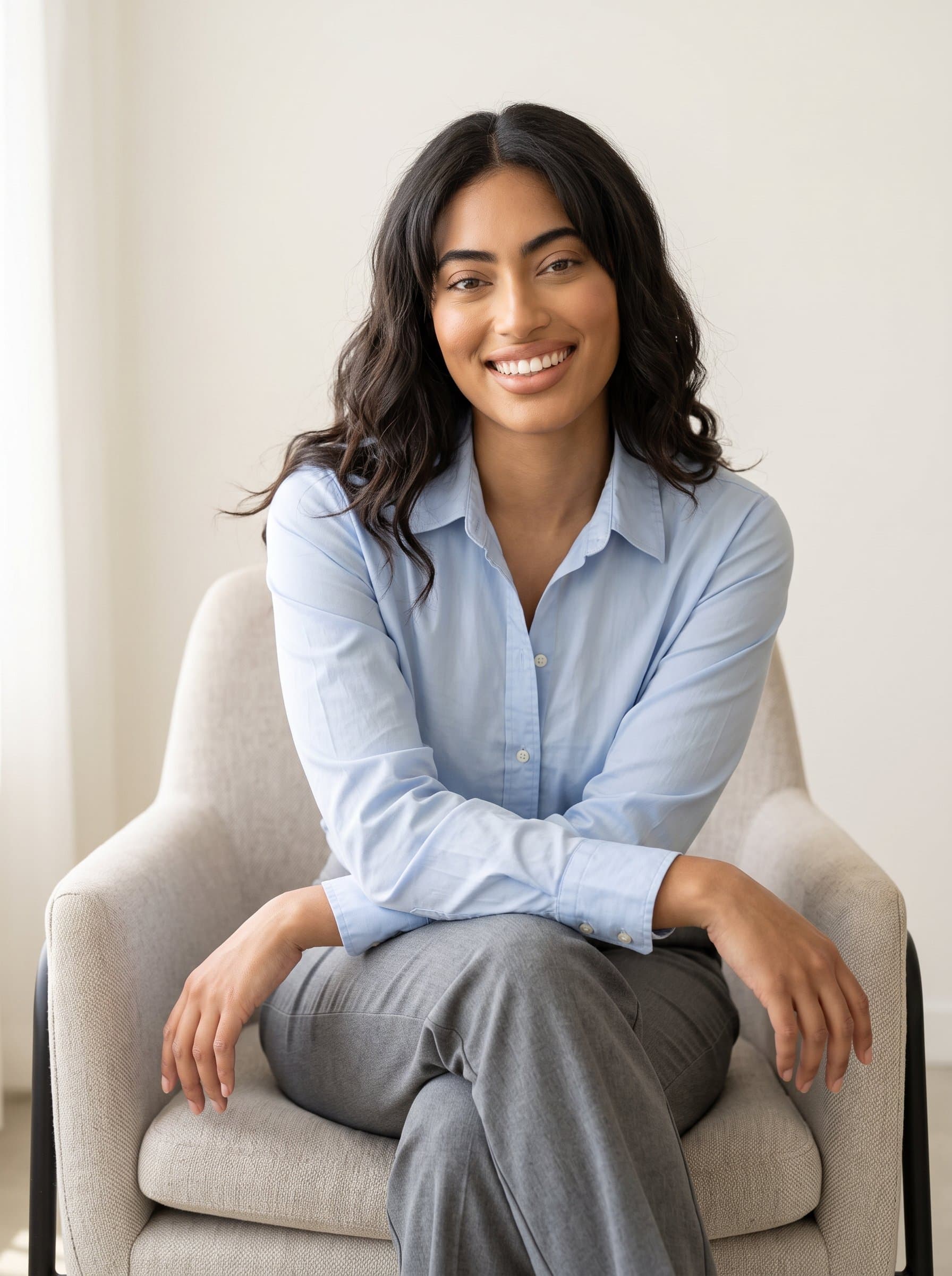 seated casually, with an open posture and friendly demeanor. A light, neutral background emphasizes their readiness to engage and collaborate.