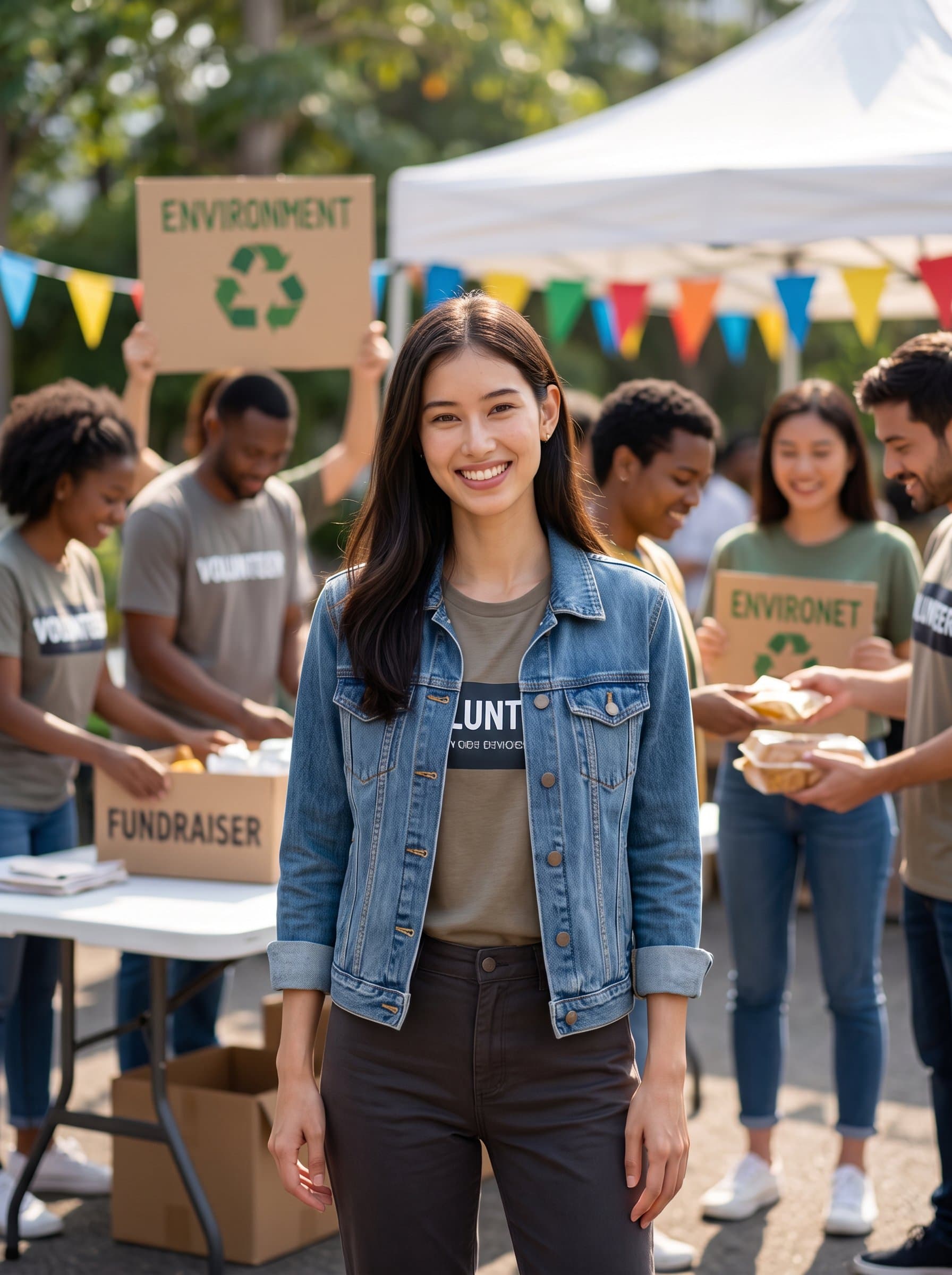 standing against a softly blurred backdrop of community activity, symbolizing involvement and commitment to social causes.