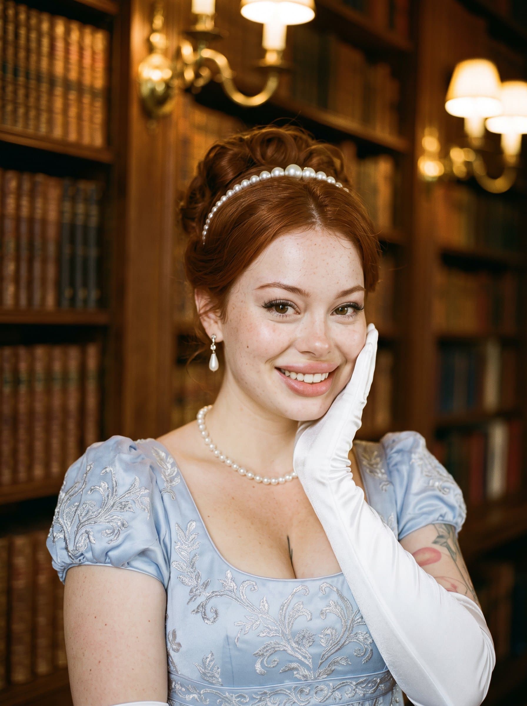 smiling warmly, with subtle ambient lighting accentuating facial features. A blurred library shelf setting suggests a commitment to knowledge and education.