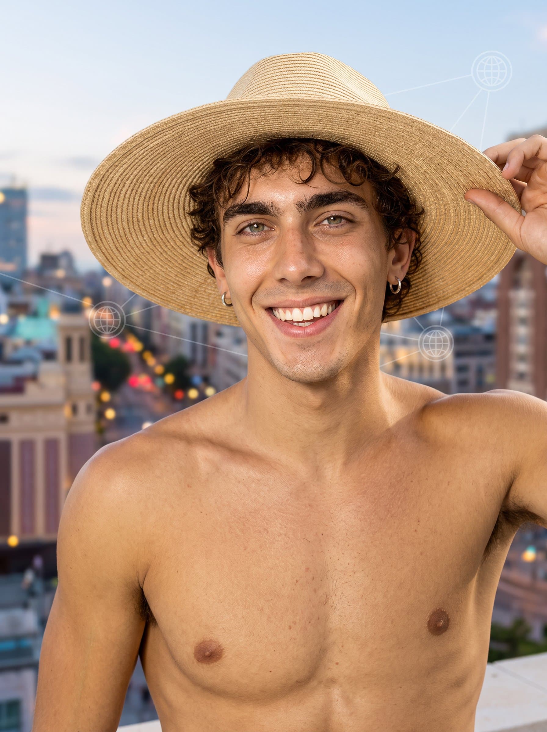 positioned slightly to the side, with an engaging smile and a gentle, blurred cityscape in the background suggesting global outreach.