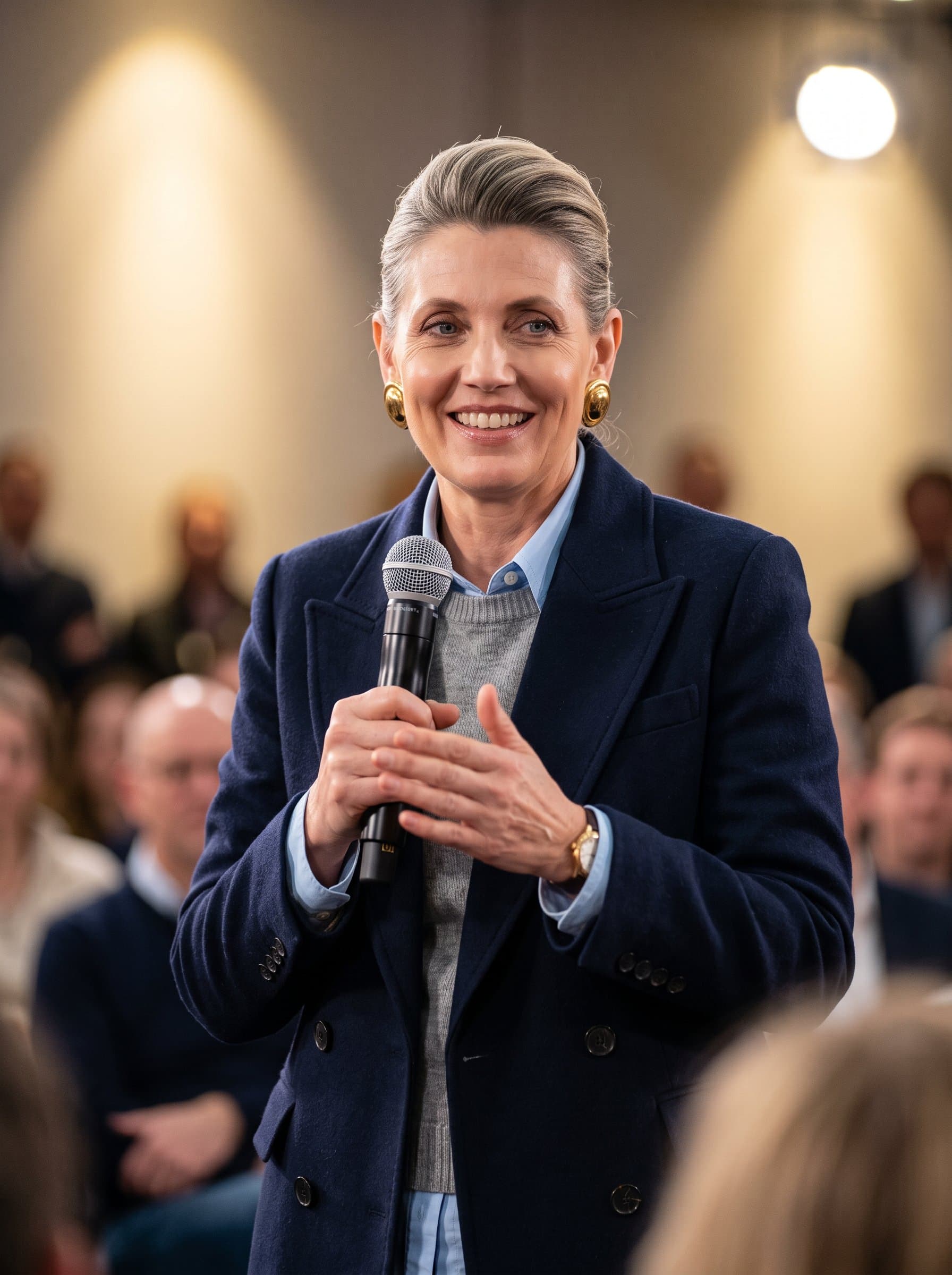 sporting a casual blazer, captured with soft lighting that emphasizes warmth and sincerity, suitable for public engagement contexts.