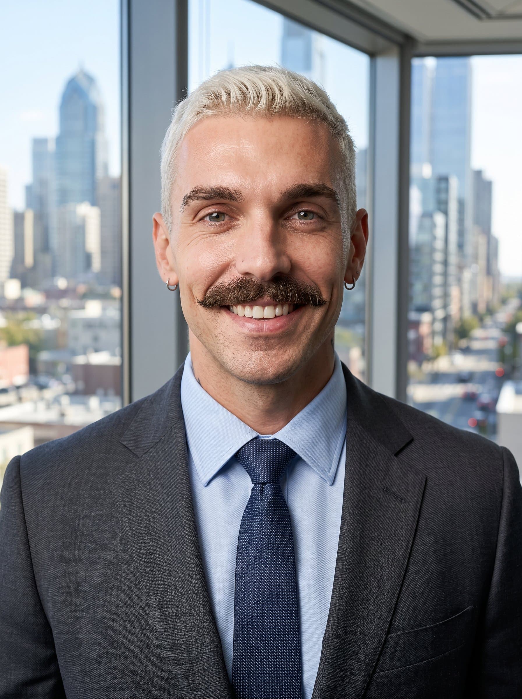 : Develop a photorealistic headshot of a real estate agent, with a cityscape visible through large windows behind. The man's expression is inviting and professional, dressed in contemporary business wear.