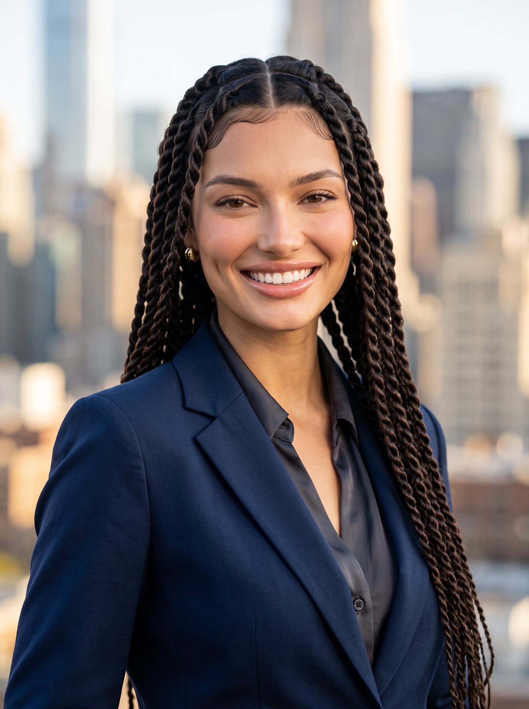 : Capture a photorealistic headshot of a real estate professional with a warm smile, set against a blurred urban skyline. The woman wears a tailored suit, exuding confidence and approachability, suitable for marketing materials.