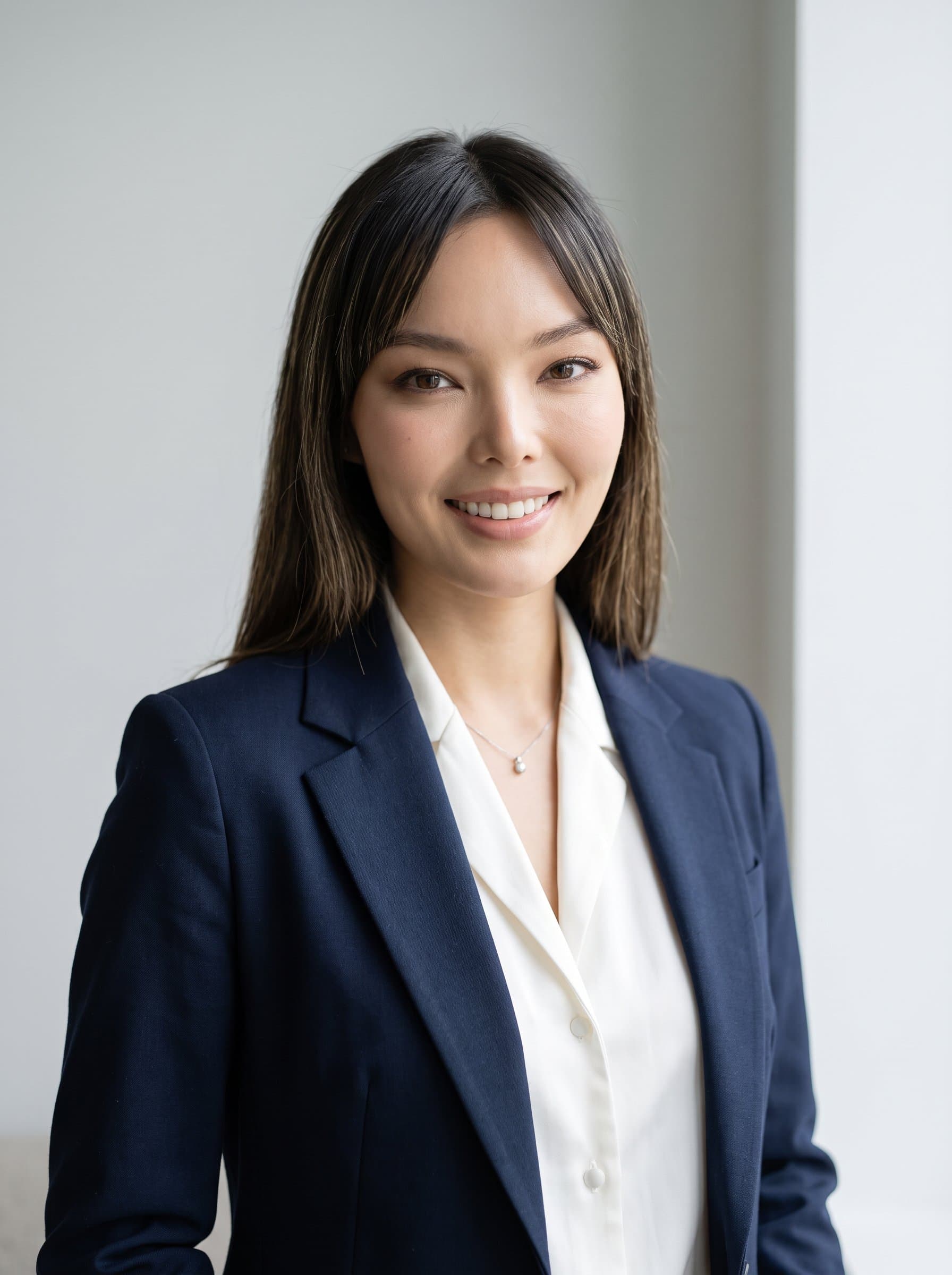 : Design a headshot for a real estate professional with a clean, minimalist background. The woman, wearing a classic blazer, looks directly at the camera with a friendly and confident demeanor.