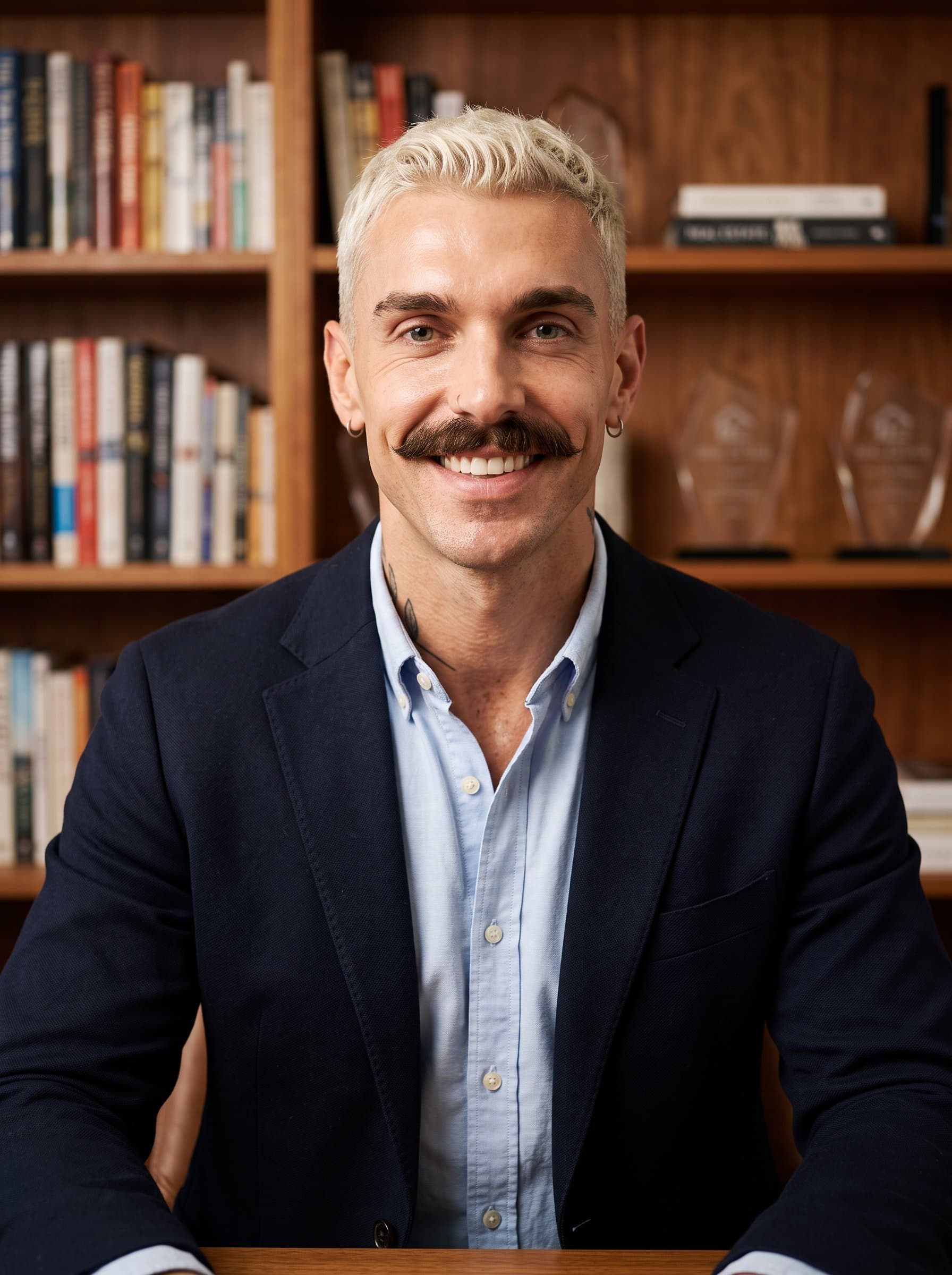 : Produce a headshot of a real estate professional with a friendly expression, in a cozy office setting with shelving and books. The man's attire is business casual, radiating professionalism and warmth.
