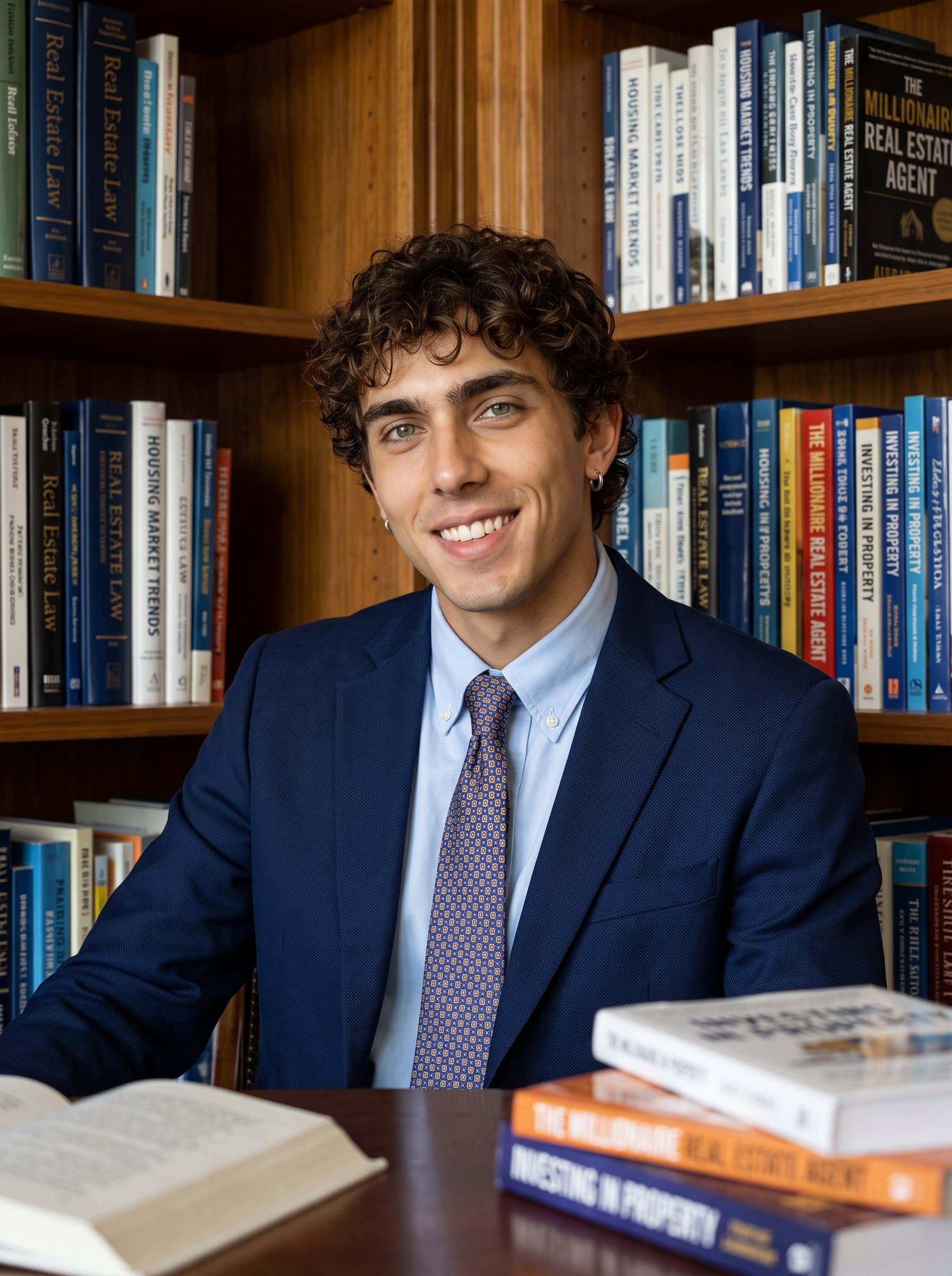 : Illustrate a headshot of a real estate expert in a library setting, surrounded by real estate books. The man's attire is business-smart, exuding knowledge and a personable approach.