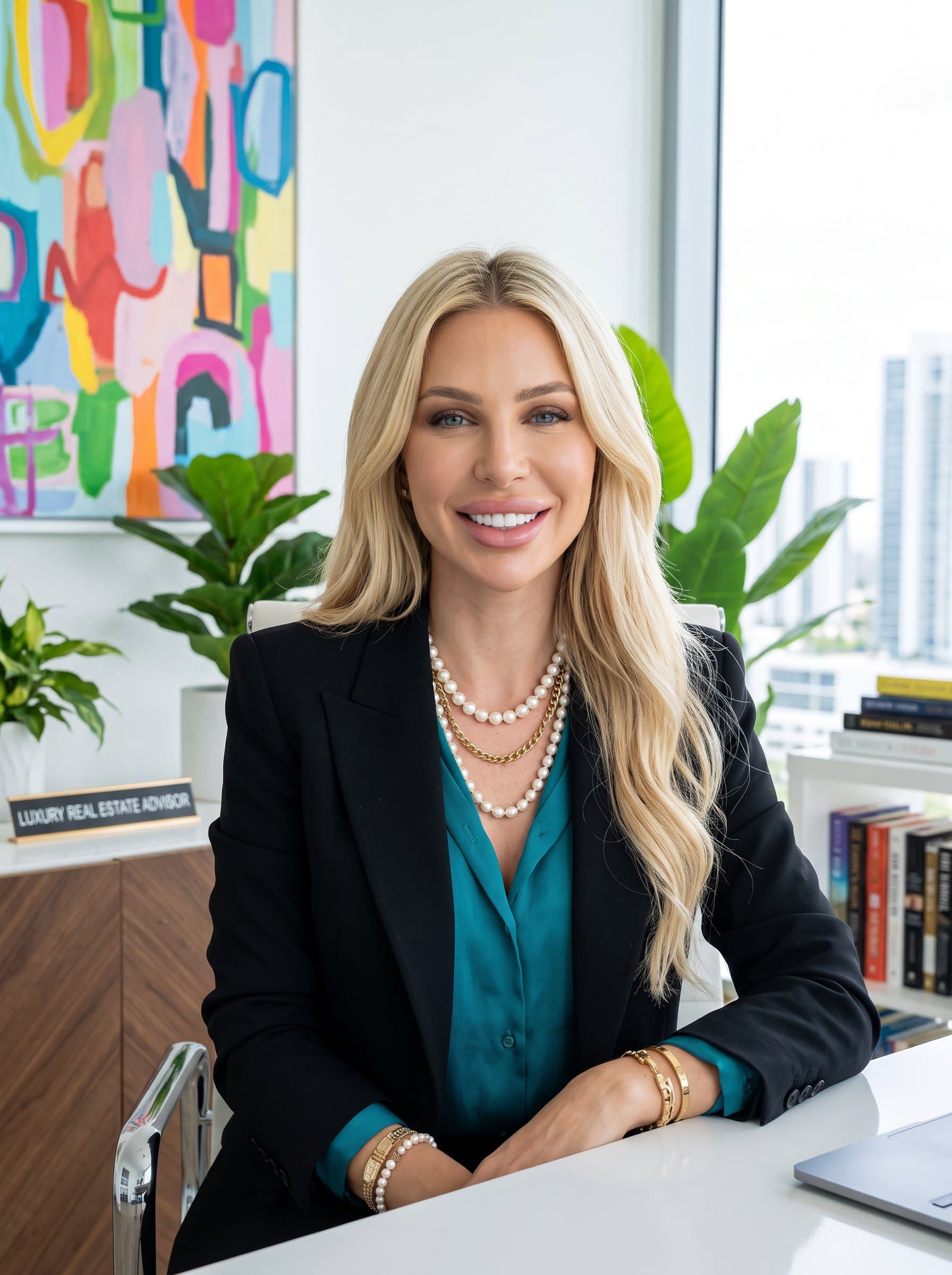 : Picture a headshot of a real estate advisor in a modern, colorful workspace. The woman's attire is stylish yet professional, smiling warmly, portraying a dynamic and approachable persona.