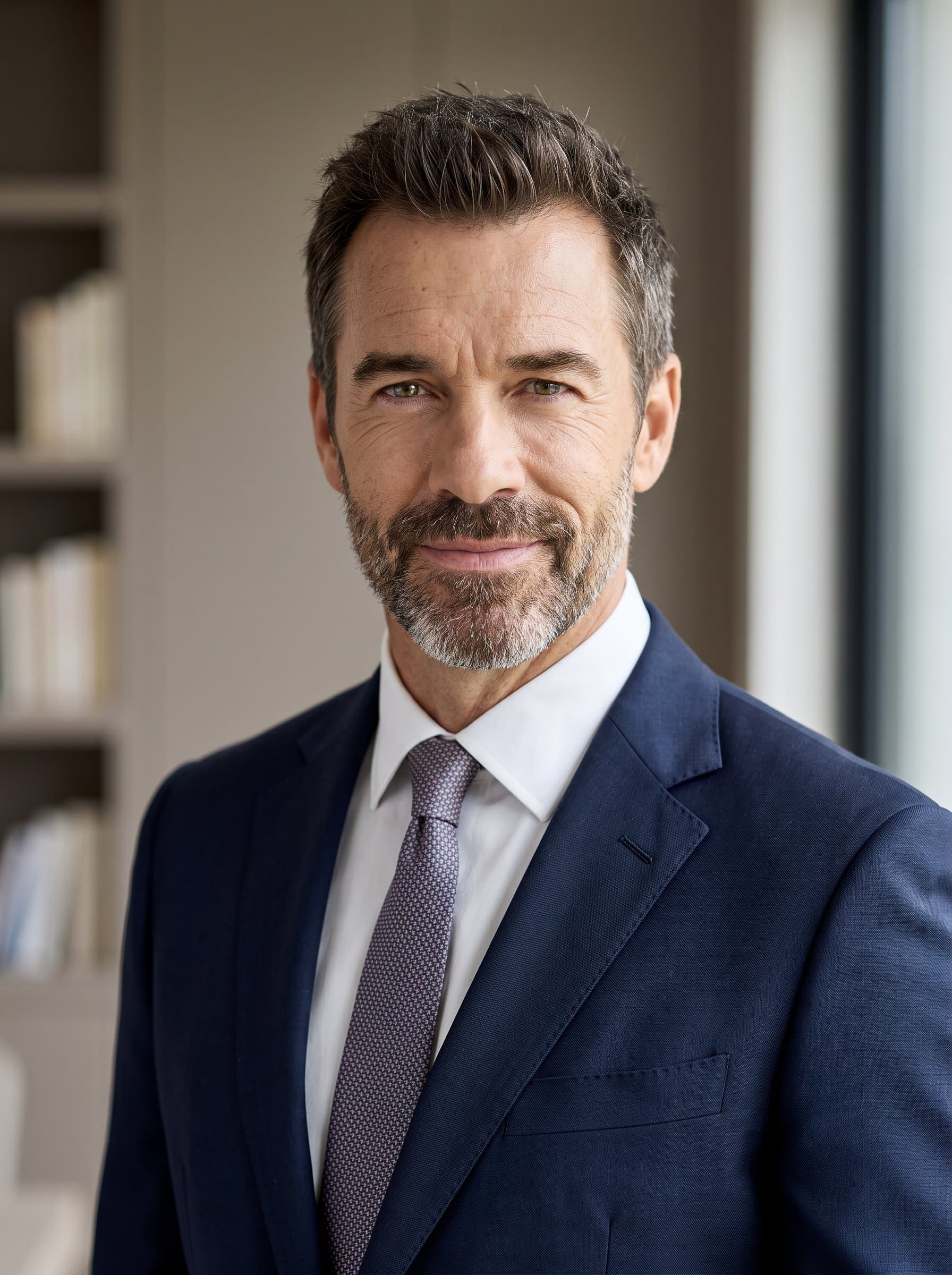: Render a headshot of a real estate professional with a neutral, soft-toned backdrop. The man's business attire and gentle smile make them appear both professional and accessible.