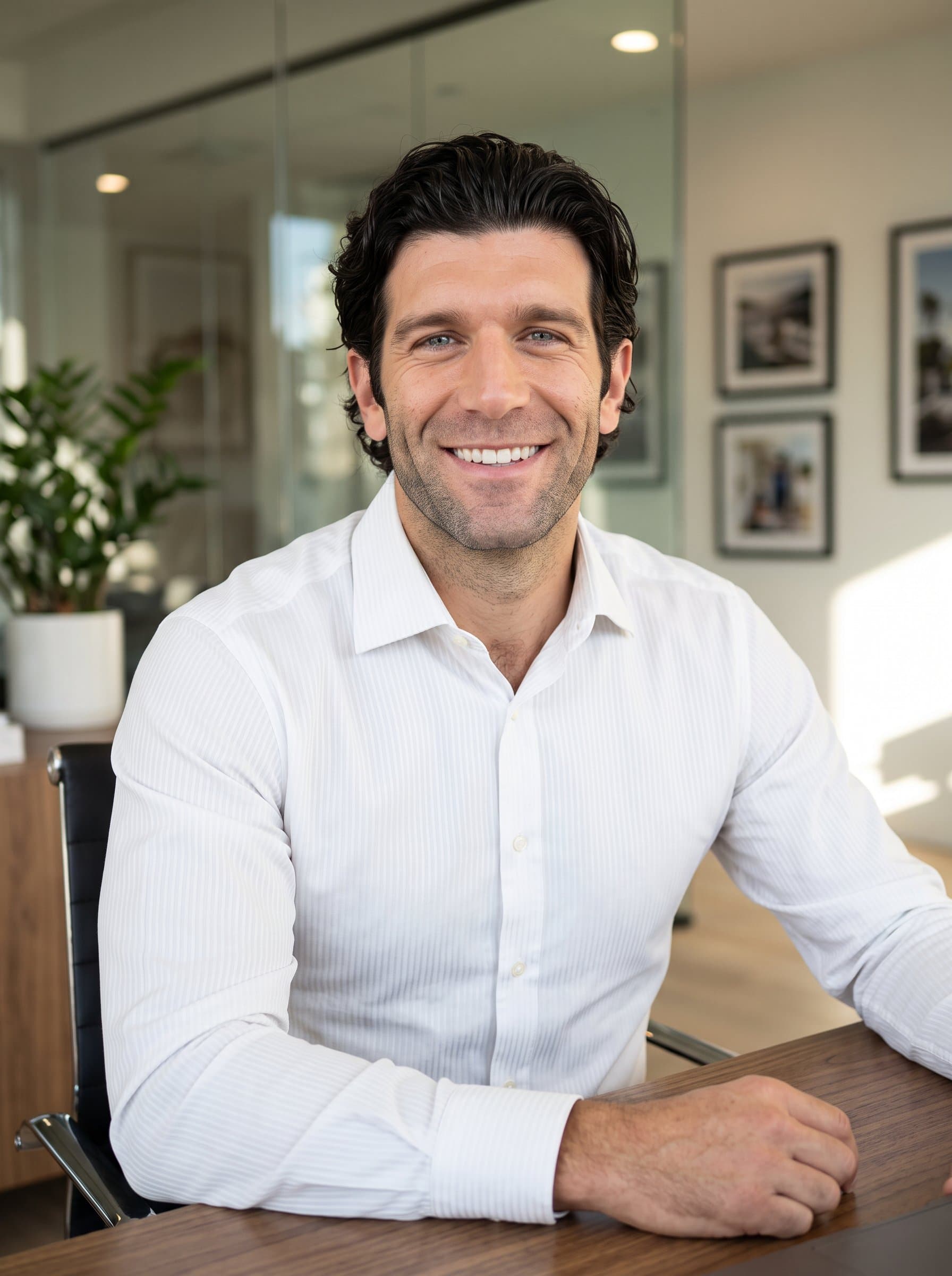 : Visualize a headshot of a real estate professional seated in a modern, stylish office. The man wears a crisp shirt and has an engaging smile, projecting friendliness and expertise.