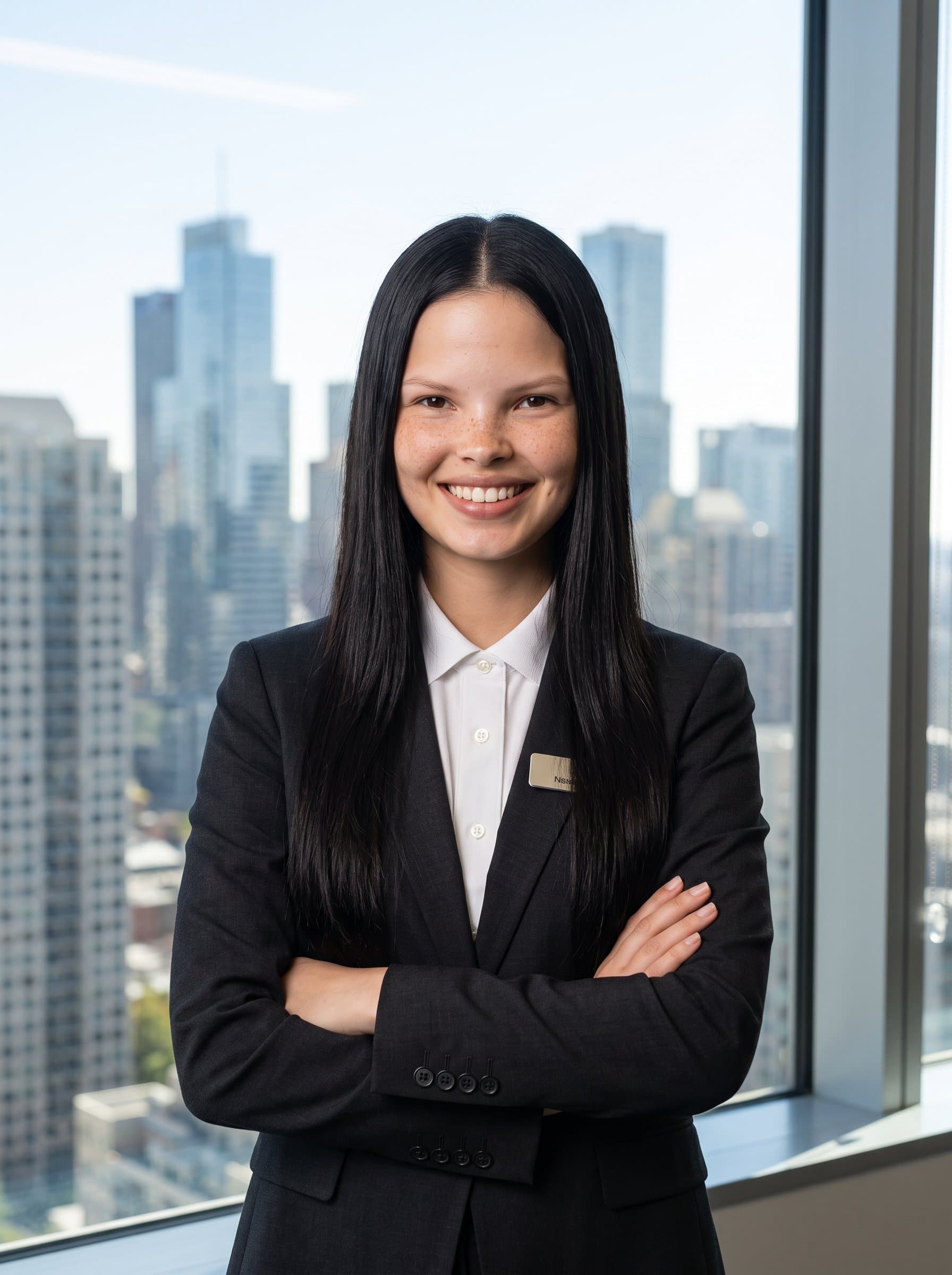 : Generate a headshot of a real estate agent standing in front of a large window with a city view. The woman wears a sleek suit, with a confident and inviting smile.