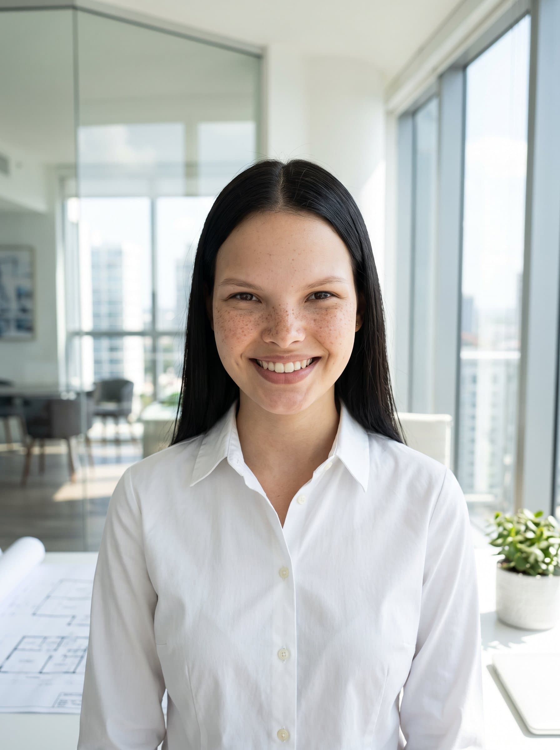 : Create a photorealistic headshot of a real estate expert standing in a sunlit modern office. The woman wears a crisp white shirt and sports a welcoming smile, projecting reliability and approachability.