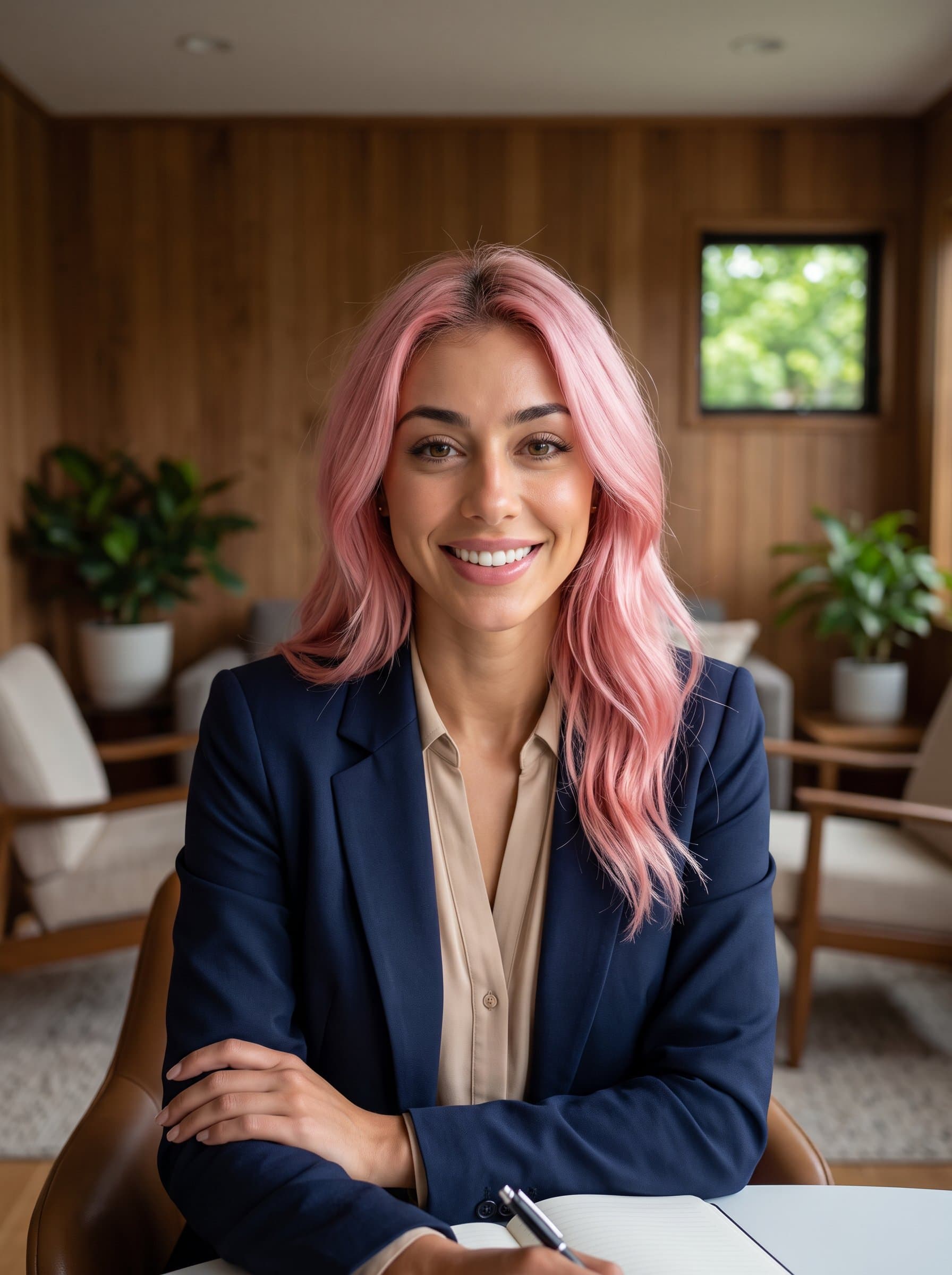 : Display a headshot of a real estate advisor in a cozy meeting room, with a relaxed and professional appearance. The woman's attire is business casual, perfect for web and print profiles.