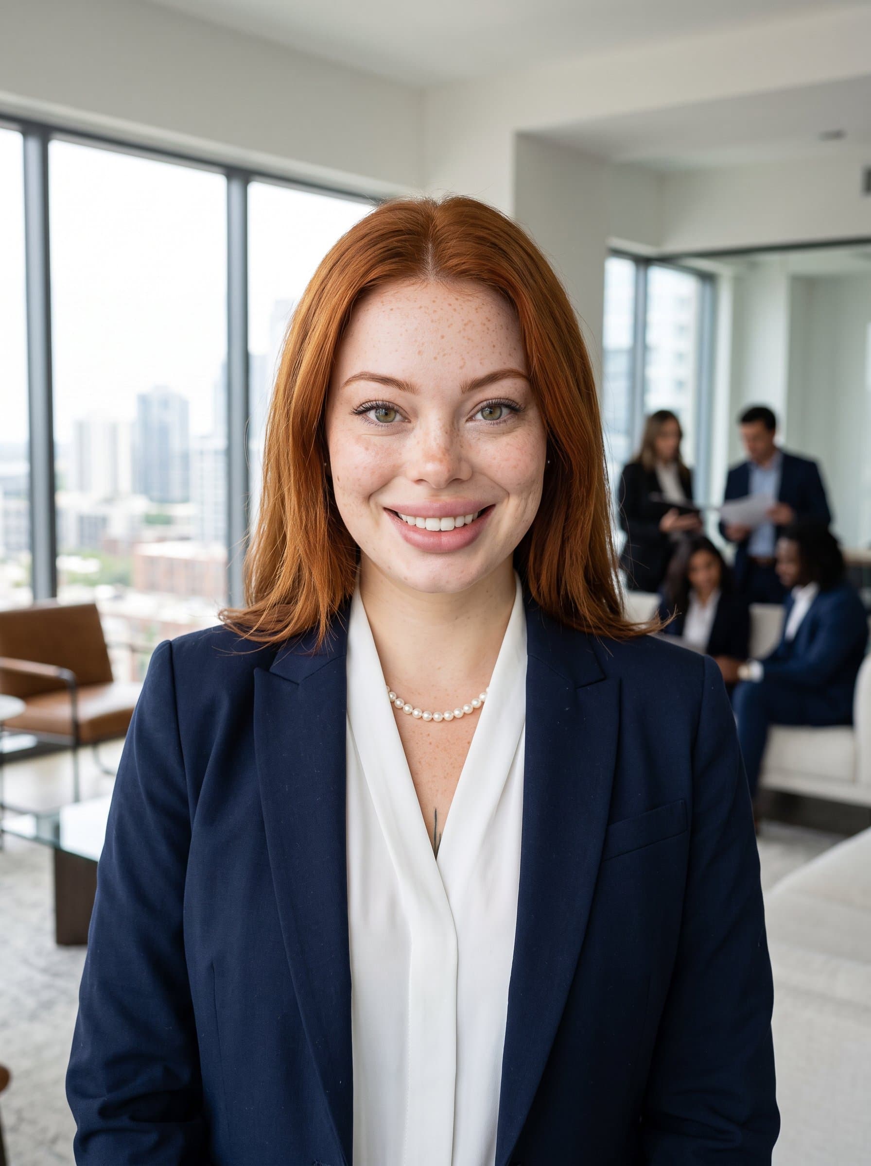 : Envision a headshot of a real estate professional in a chic, contemporary office space. The woman's attire is sharp, radiating confidence and approachability with a friendly expression.