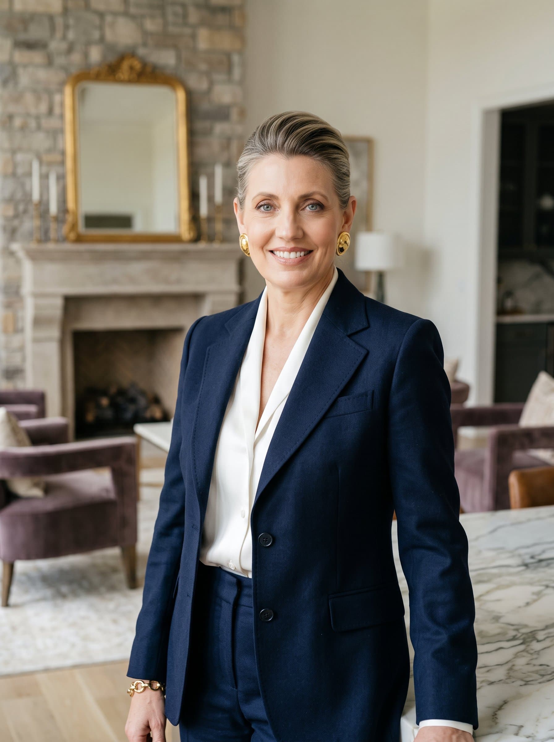 : Feature a headshot of a real estate consultant in a luxurious home setting, with elegant decor in the background. The woman wears a classic suit, embodying elegance and professionalism.