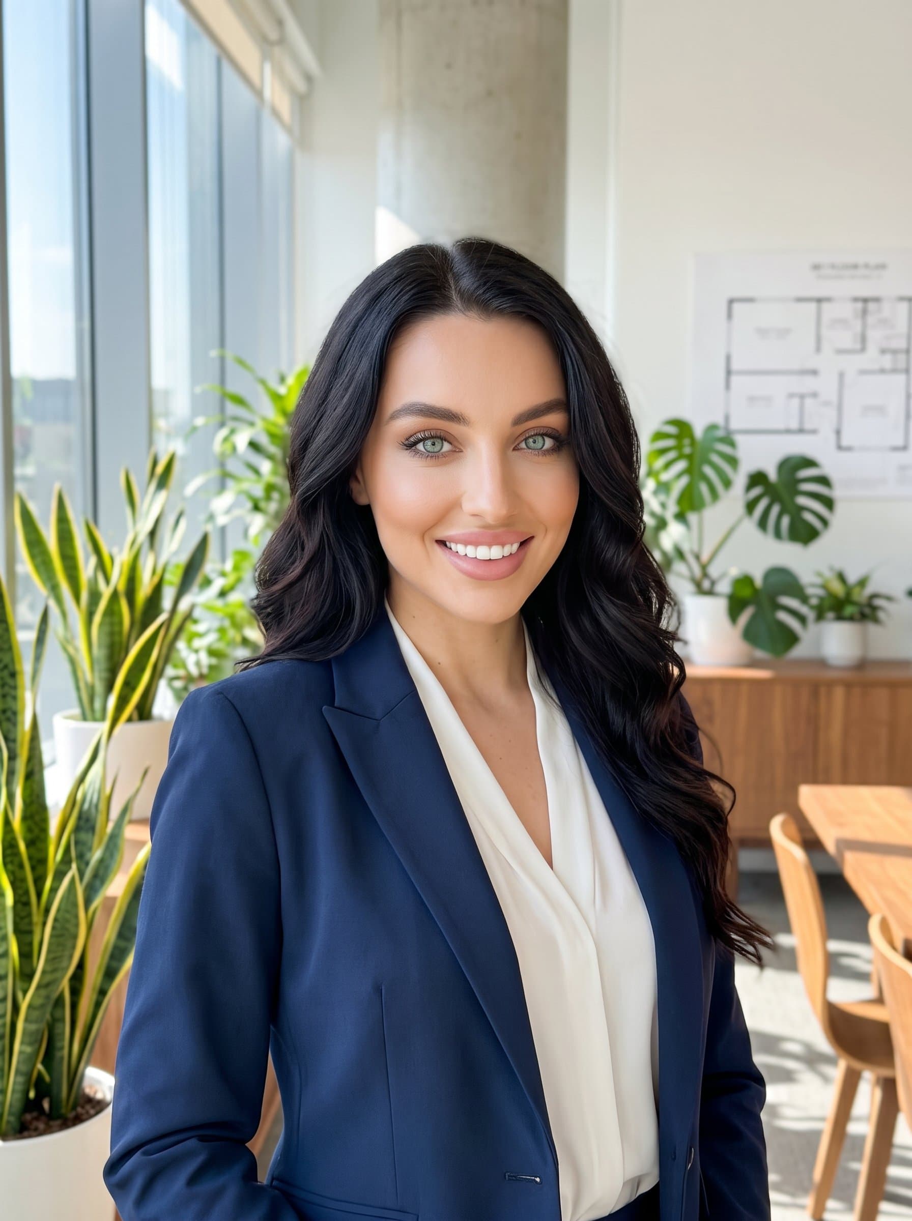 : Show a headshot of a real estate expert in a bright, open office space with plants. The woman wears a smart jacket, offering a welcoming and approachable look to potential clients.