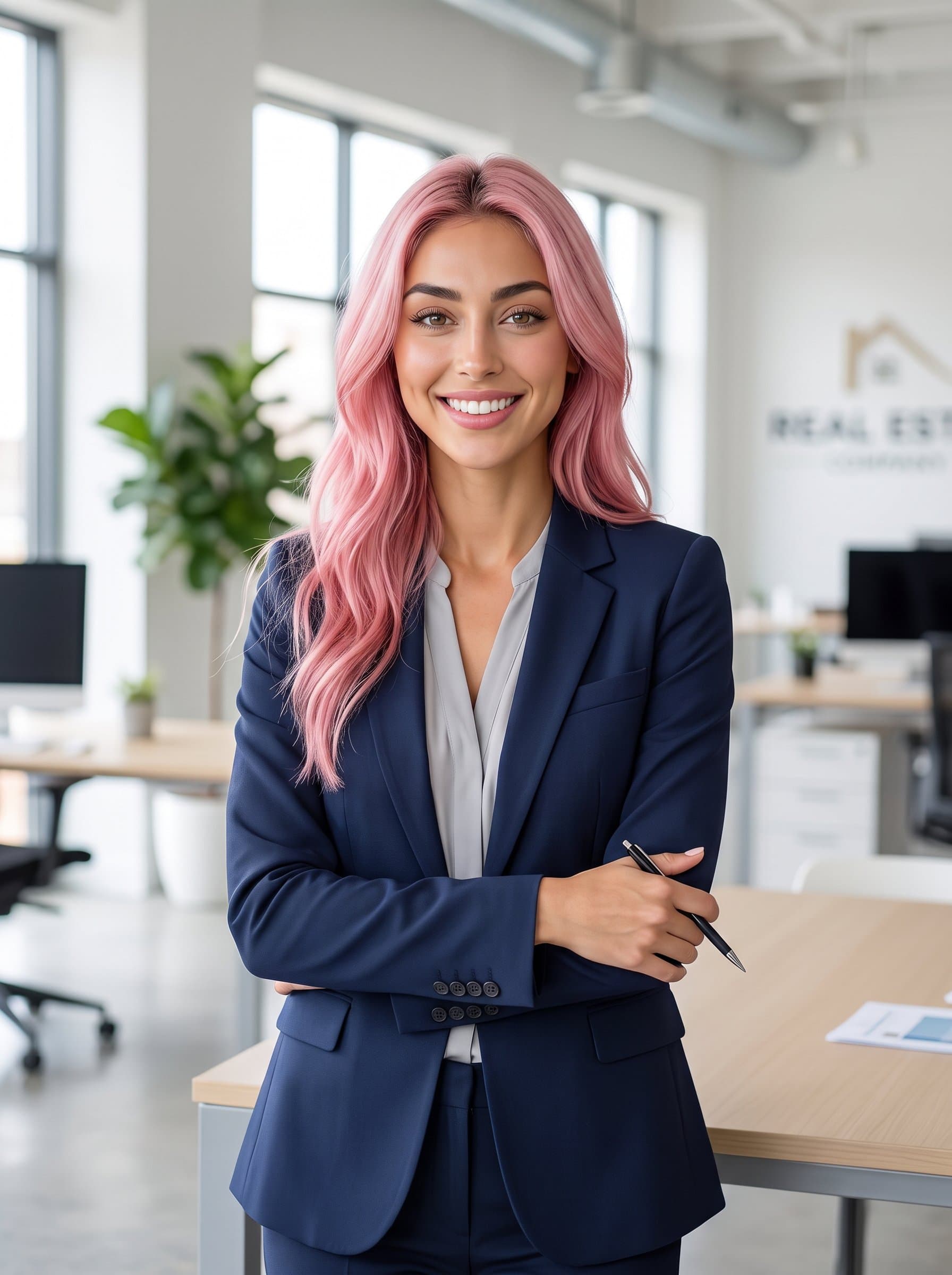 : Compose a headshot of a real estate professional standing in a bright, open-plan office. The woman's smile is genuine, wearing a smart casual outfit, perfect for both digital and print marketing.