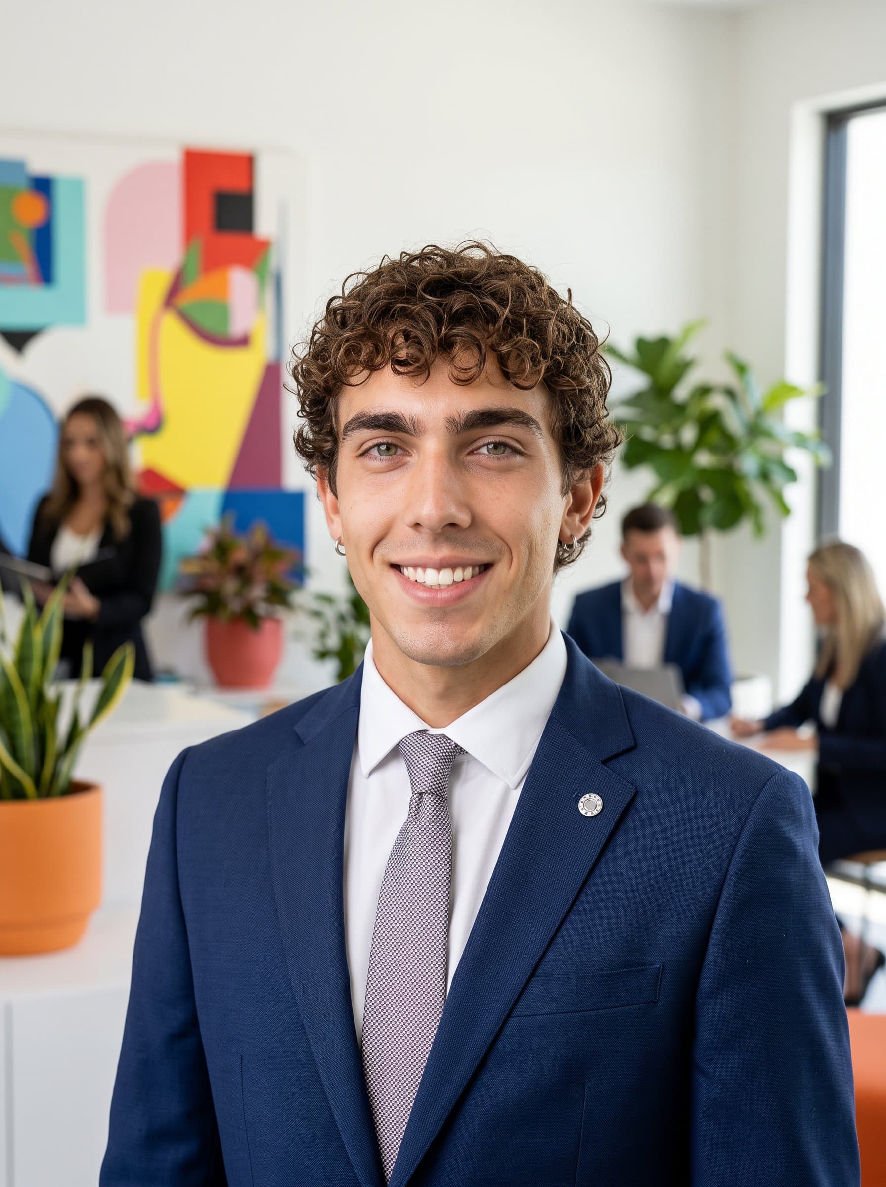 : Create a headshot of a real estate professional in a vibrant office area, with modern art in the background. The man's attire is polished and they project a friendly, professional demeanor.
