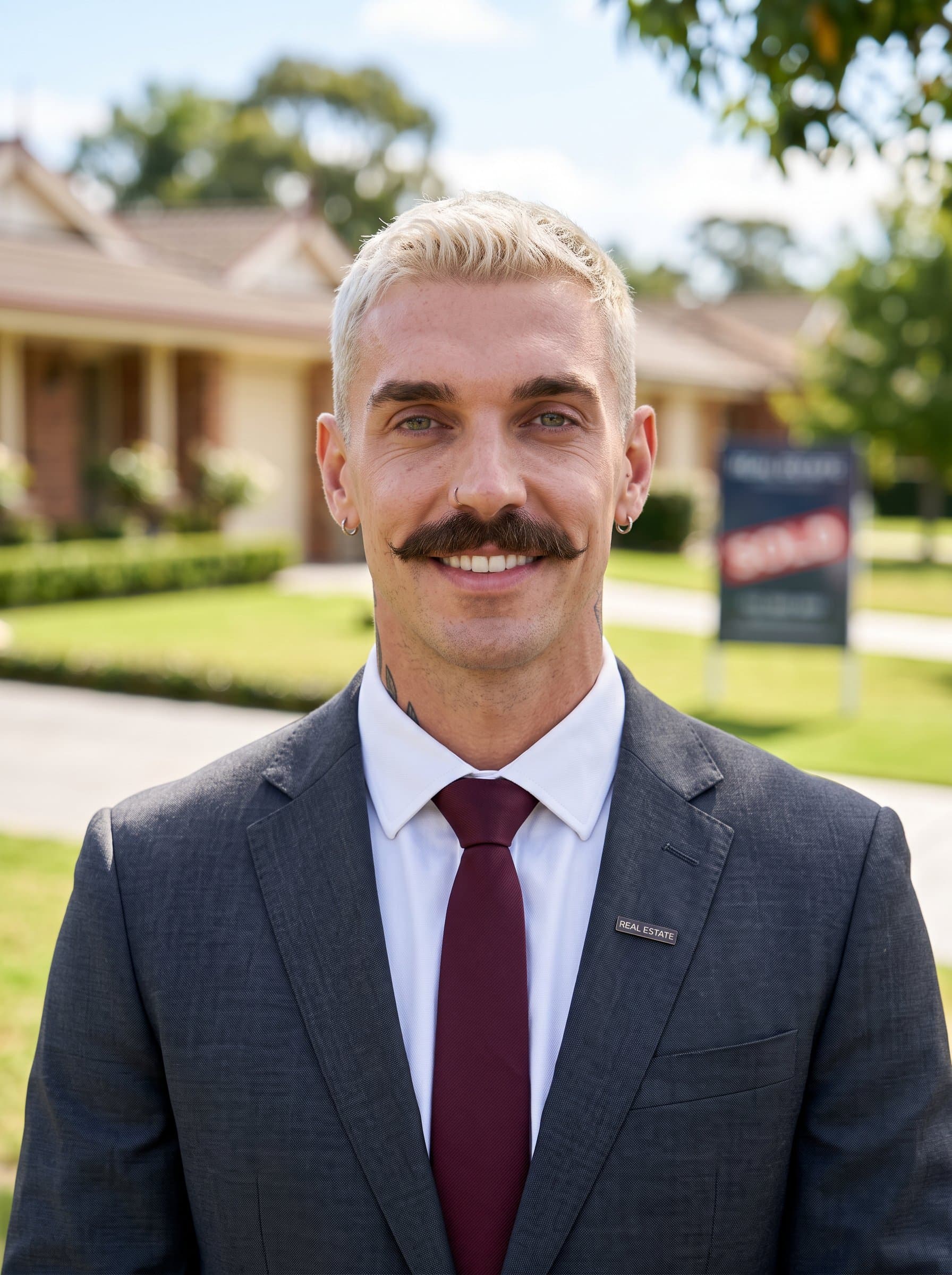 : Illustrate a headshot of a real estate professional with a blurred suburban neighborhood as the background. The man's attire is formal, with a pleasant smile suggesting trustworthiness and success.