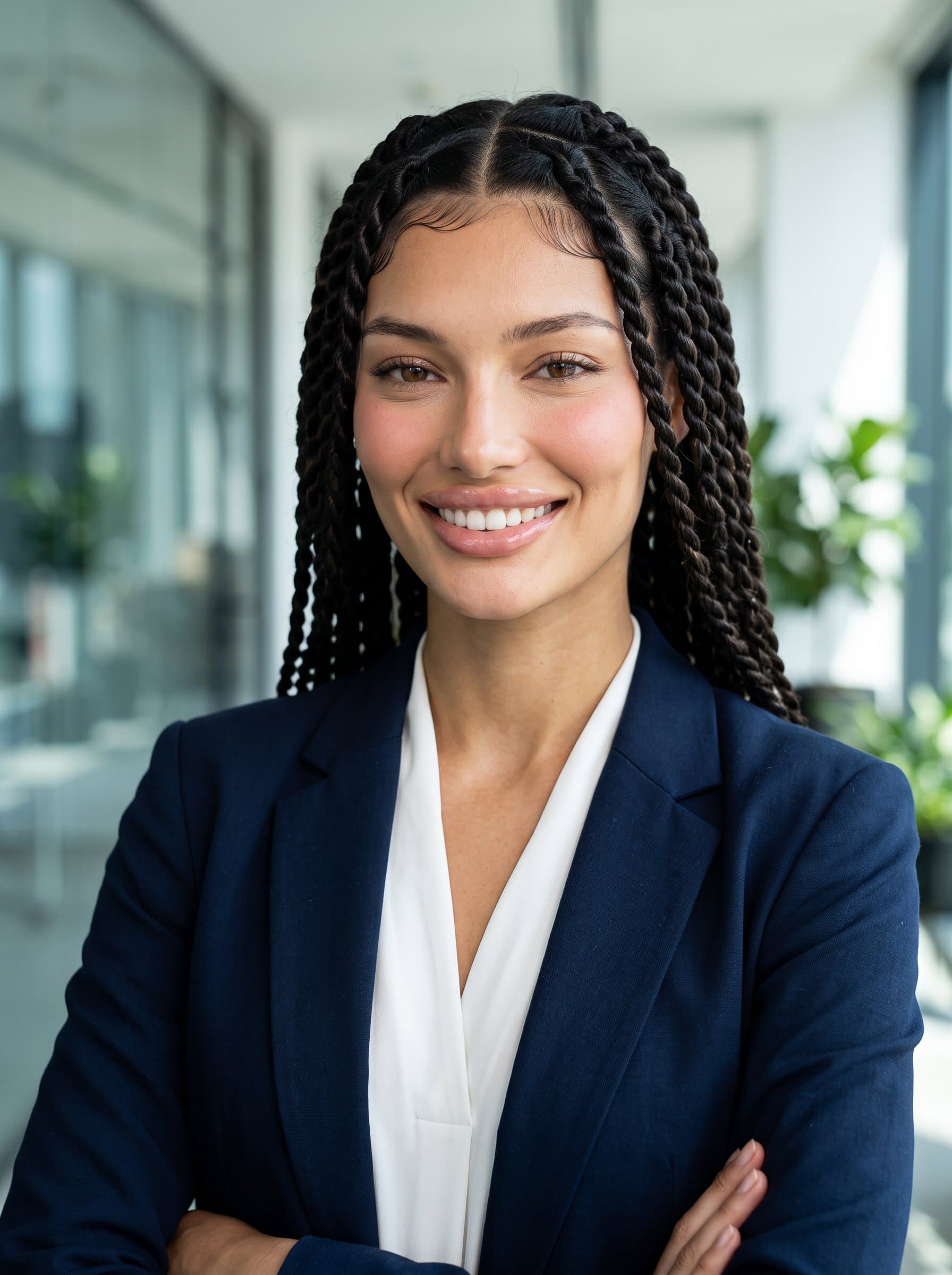 : Capture a confident, friendly insurance agent against a sleek, modern office backdrop, emphasizing professionalism and approachability with a subtle smile and direct eye contact for a trustworthy online presence.