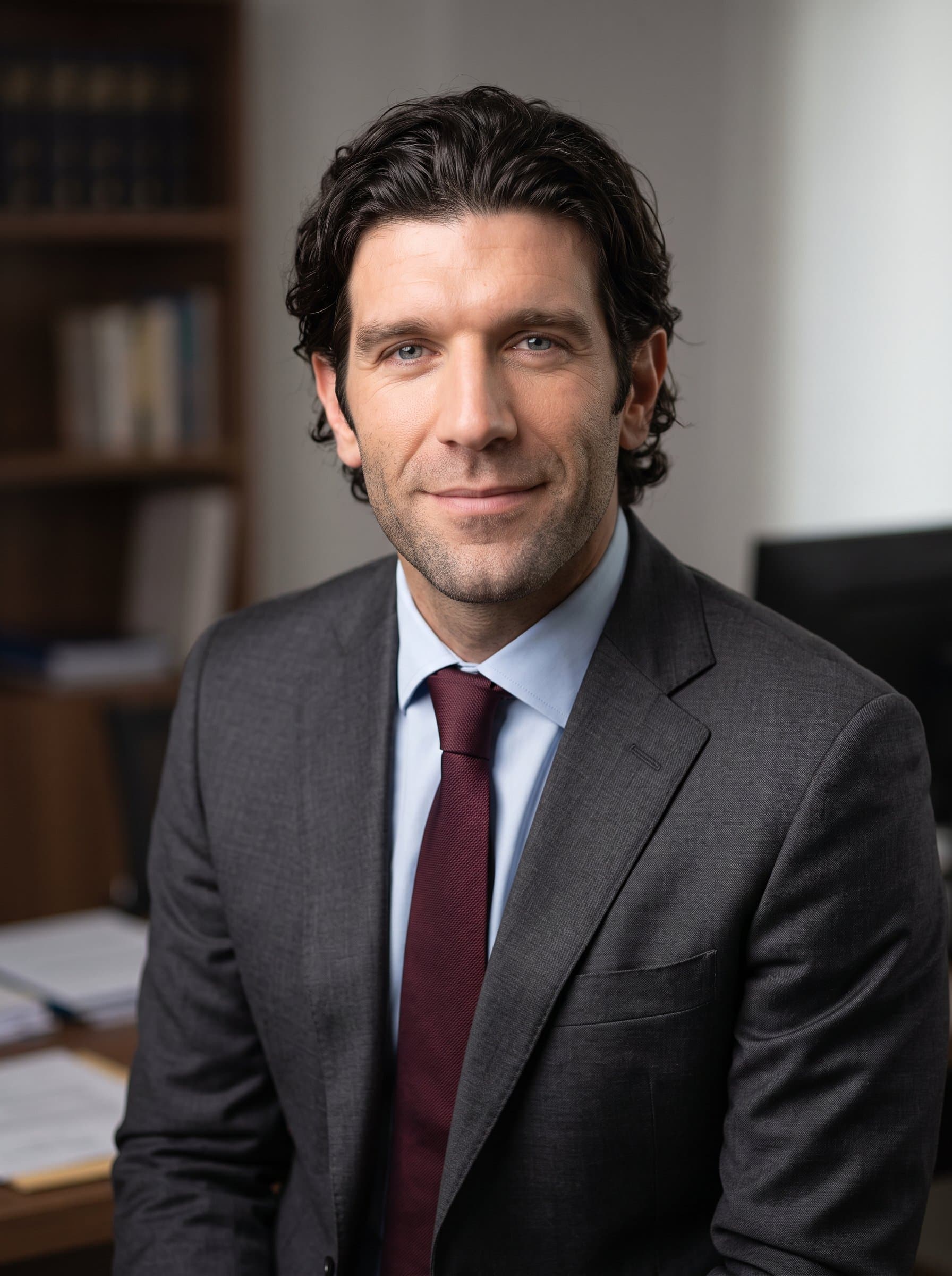 : Create a headshot of a trustworthy insurance analyst, with a calm, composed look, framed by soft lighting in a professional studio setting, underscoring their expertise and client-centric approach.