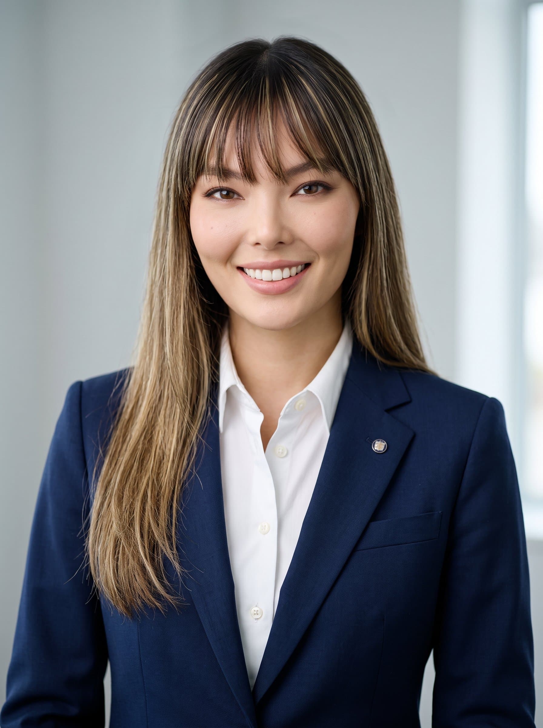 : Design a headshot portraying an insurance professional in a well-tailored suit, against a neutral, light-toned background, emphasizing clarity and precision, conveying a sense of calm assurance and dependability.