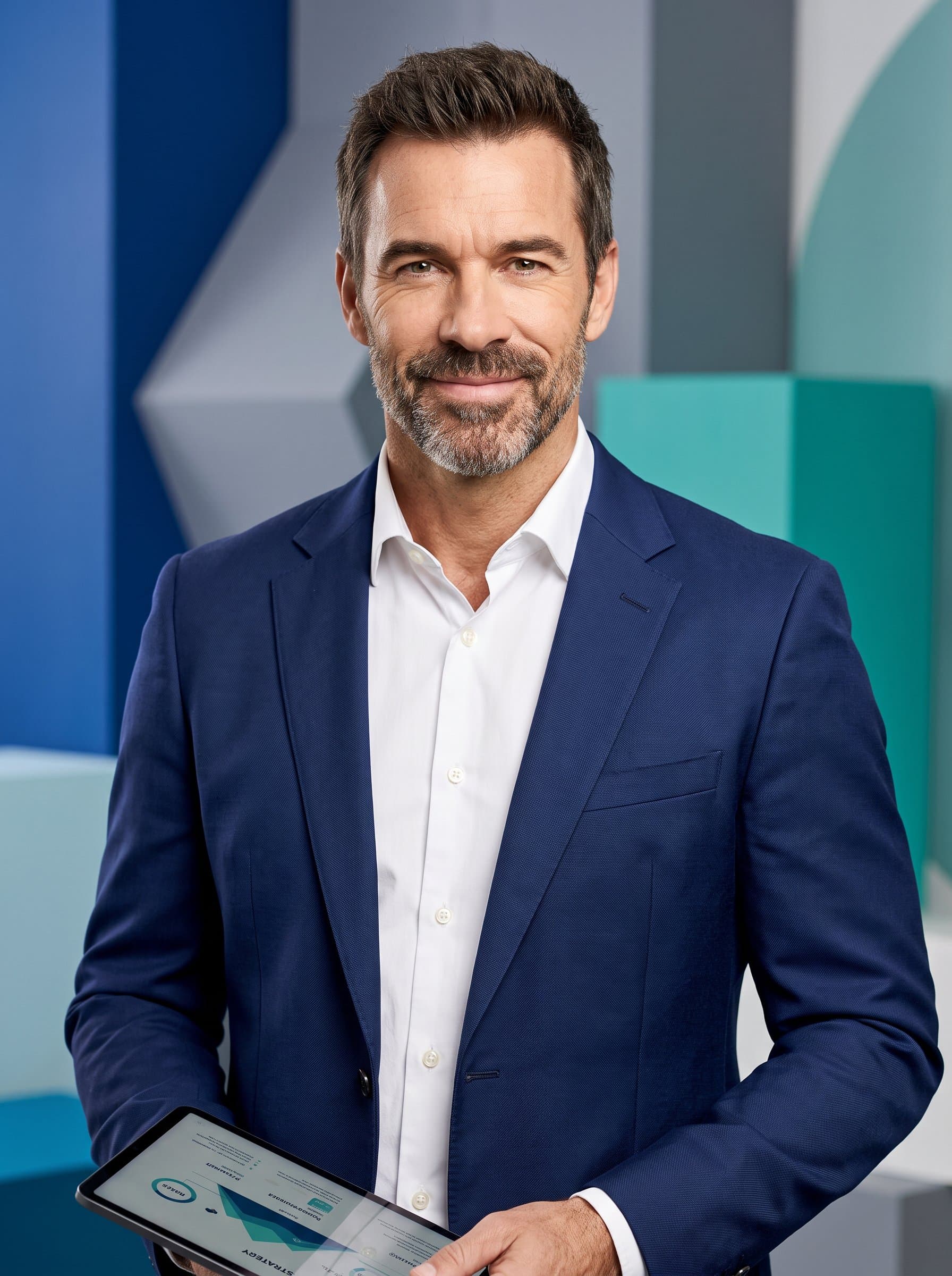 : Generate a professional headshot of an insurance agent, emphasizing a warm, welcoming demeanor with a slight smile, set against a backdrop of abstract geometric shapes to symbolize innovation and modern strategy.