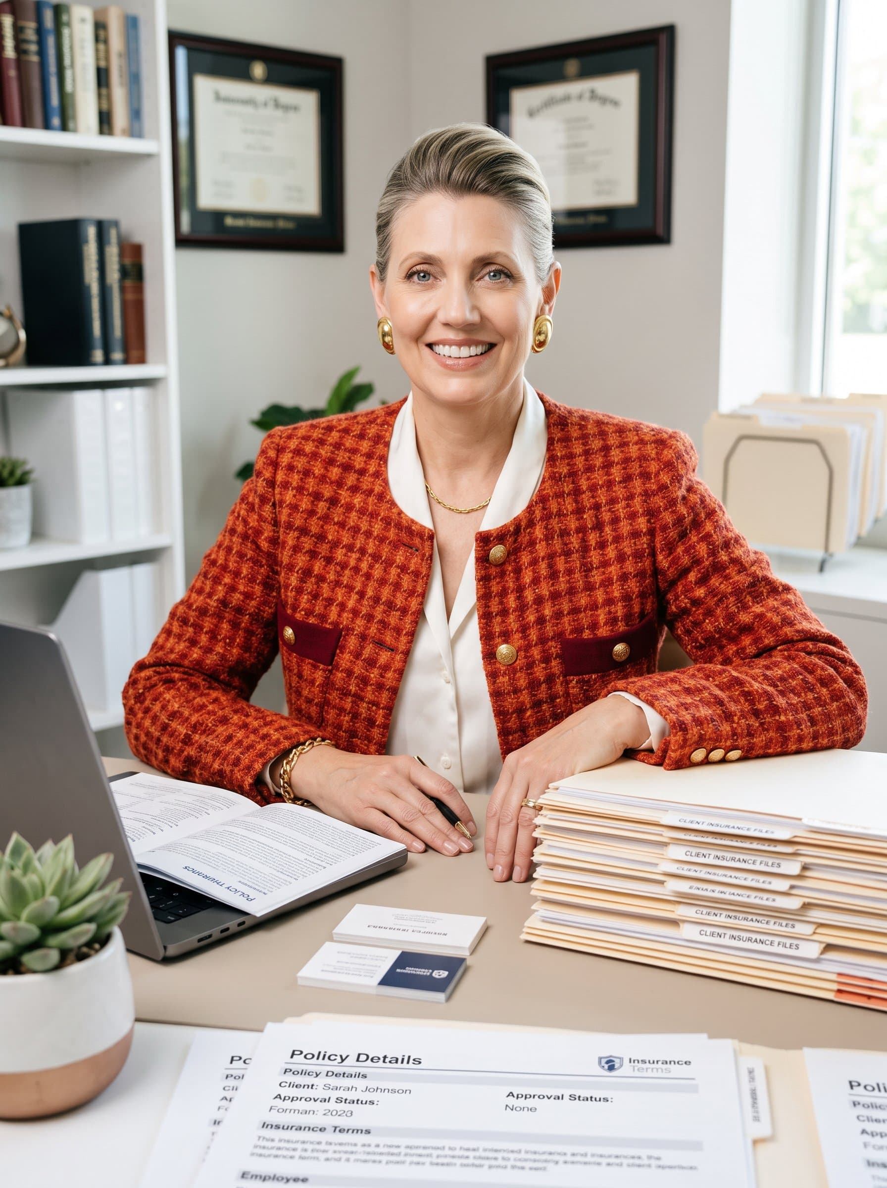 : Create a photo of an insurance consultant with a relaxed, open pose, seated at a desk with organized documents in view, showcasing meticulous attention to detail and a commitment to client service.