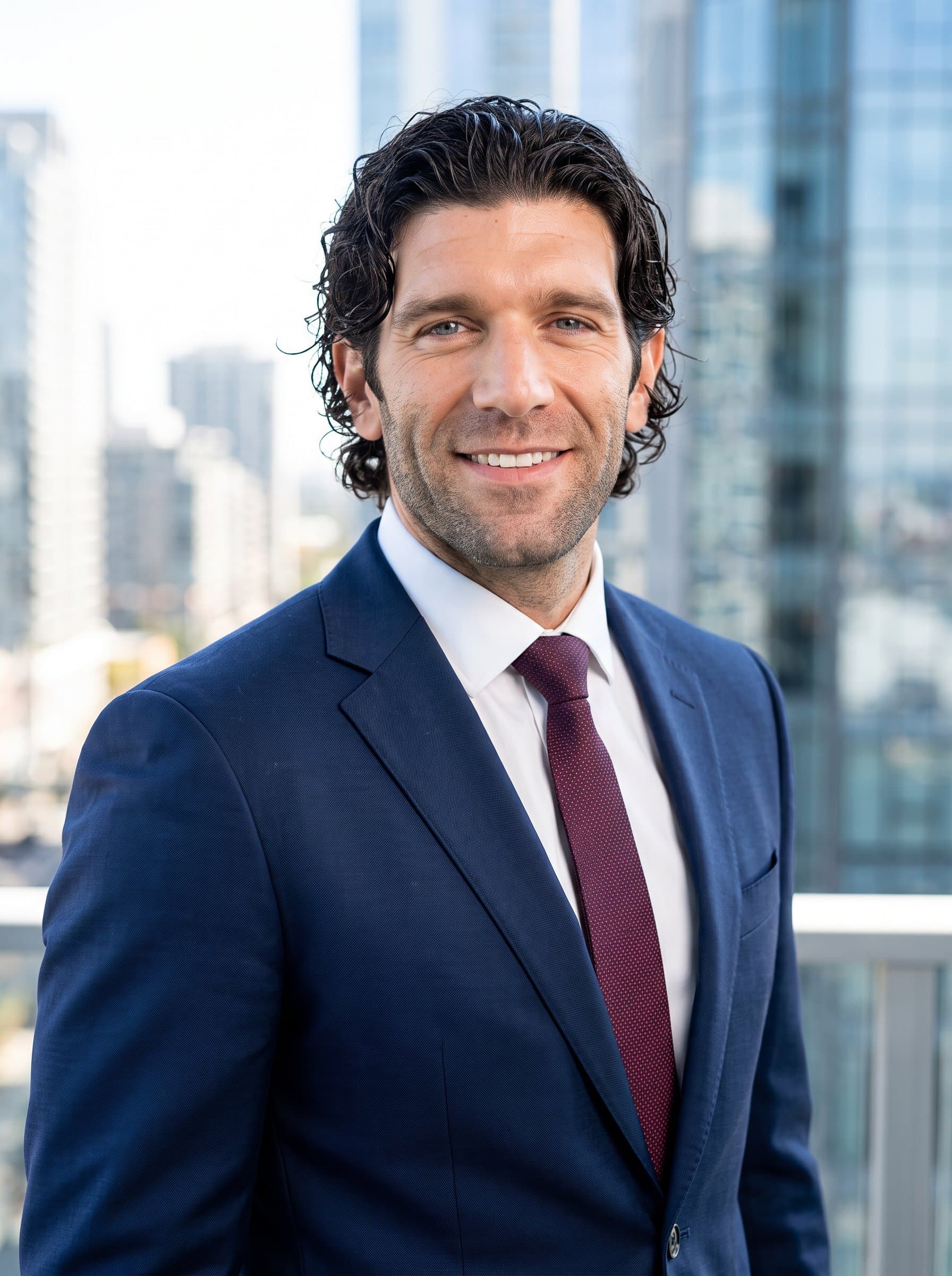 : Create a dynamic headshot featuring an insurance broker in smart business attire, exuding reliability and expertise, with a softly blurred urban skyline in the background to suggest a modern, forward-thinking approach.