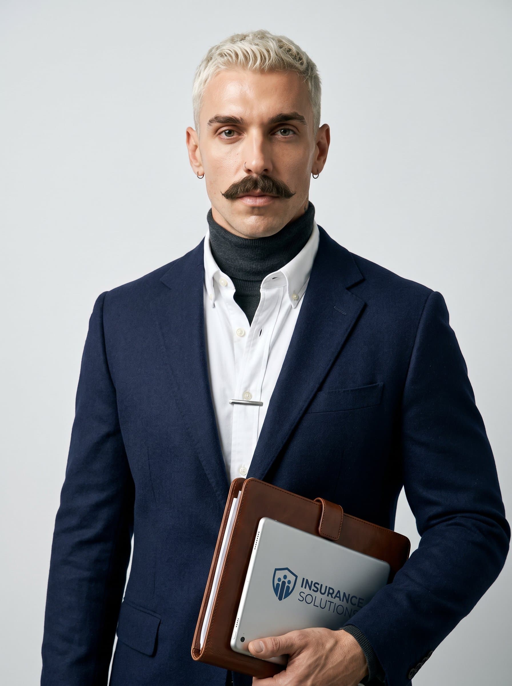 : Capture an insurance advisor with a confident expression, wearing a formal blazer, against a minimalist, monochrome background to highlight their focus and dedication, projecting a sense of strength and reliability.