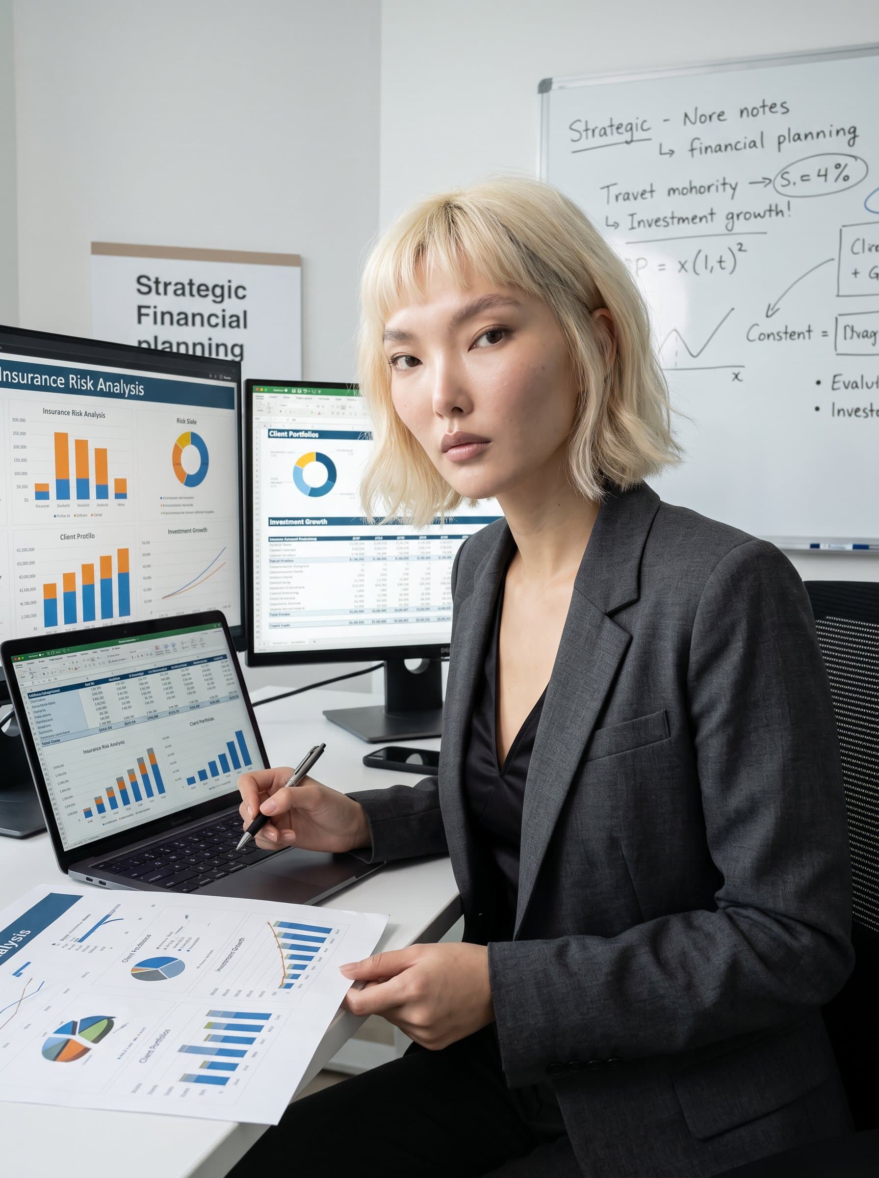 : Generate an image of an insurance planner, their focus and determination evident in their eyes, set against a backdrop featuring hints of financial charts, representing strategic thinking and analytical prowess.