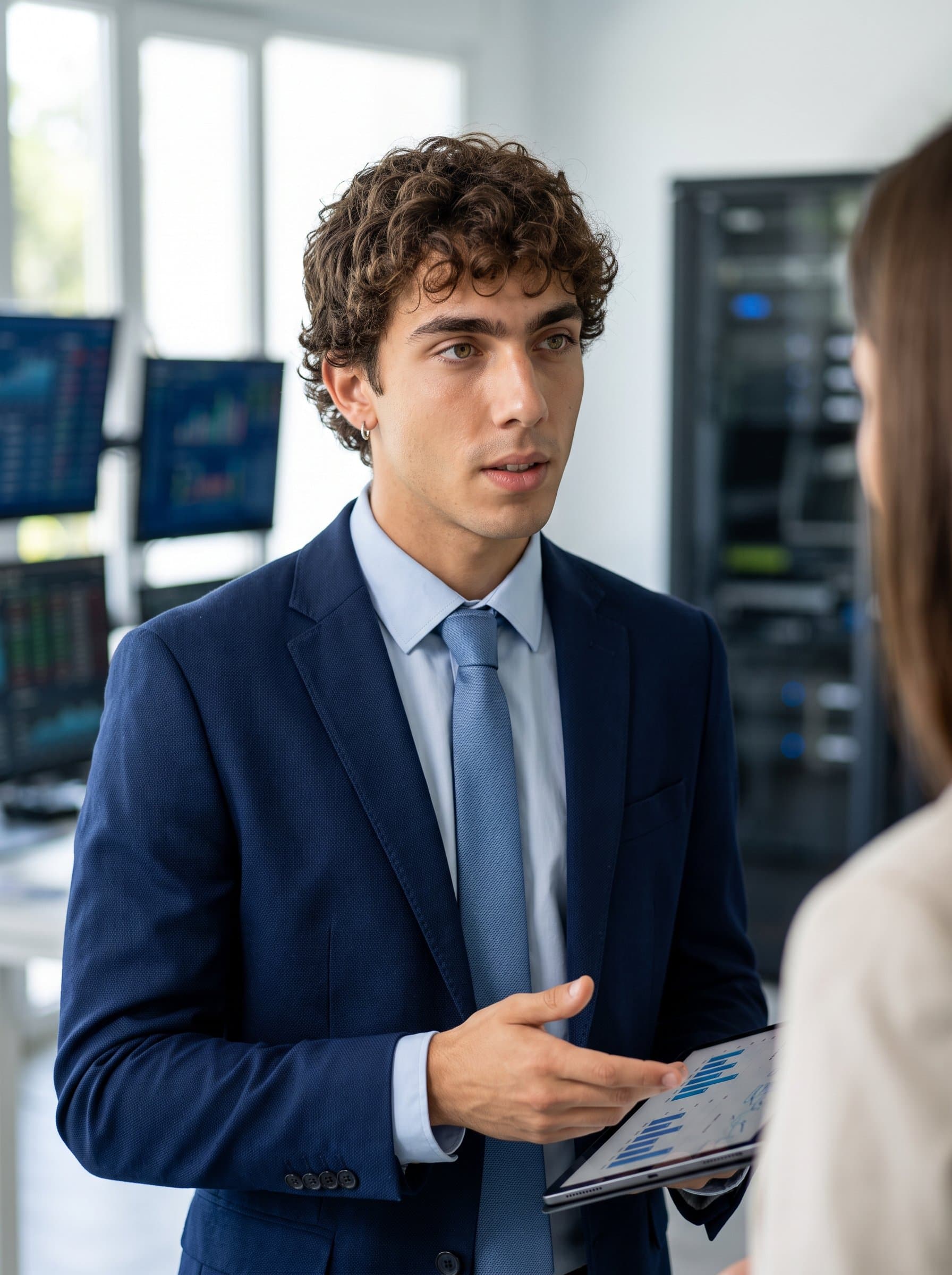 : Generate a professional image of an insurance agent with a poised, attentive expression, against a backdrop of softly blurred office technology, highlighting adaptability and a tech-savvy approach to client needs.