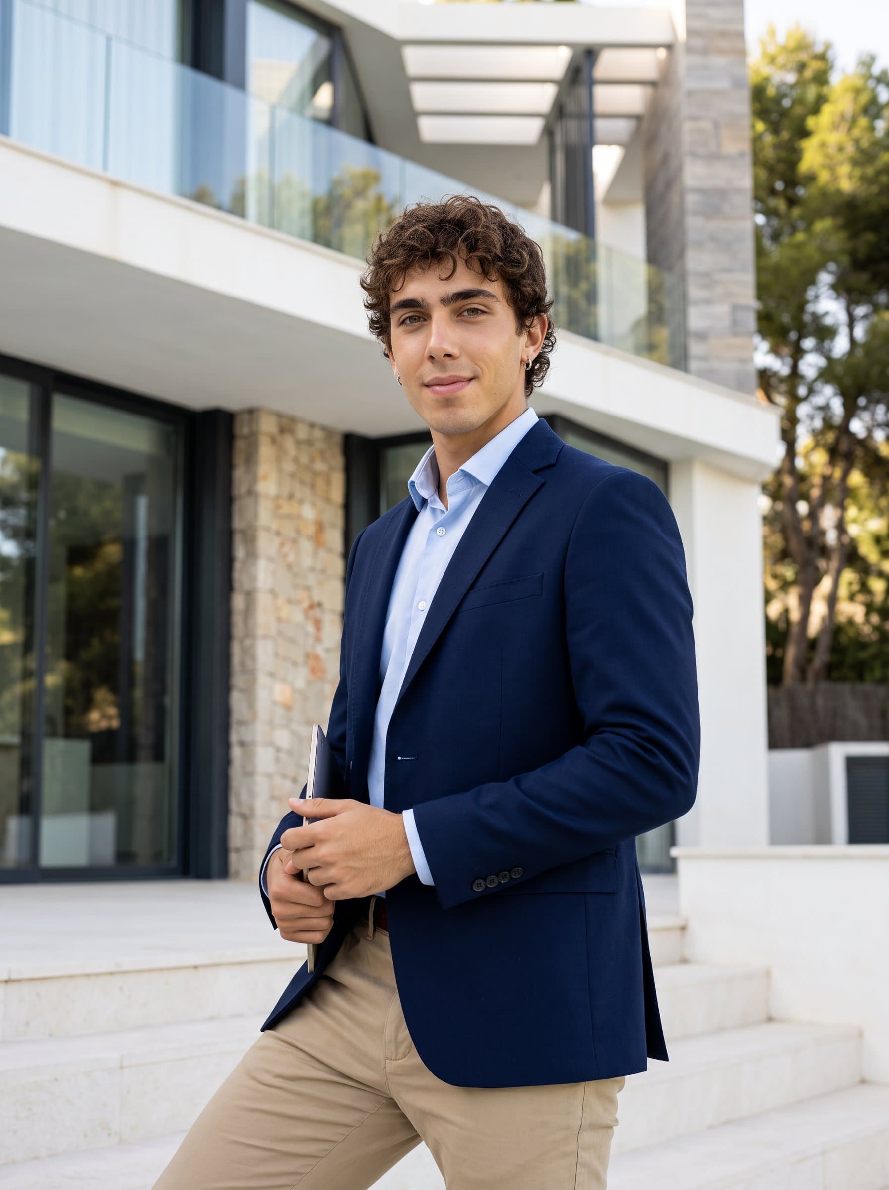 : Capture an insurance counselor in a proactive stance, with a subtle, confident smile, posed in front of a modern architectural structure, symbolizing a solid foundation and stability in their professional practice.