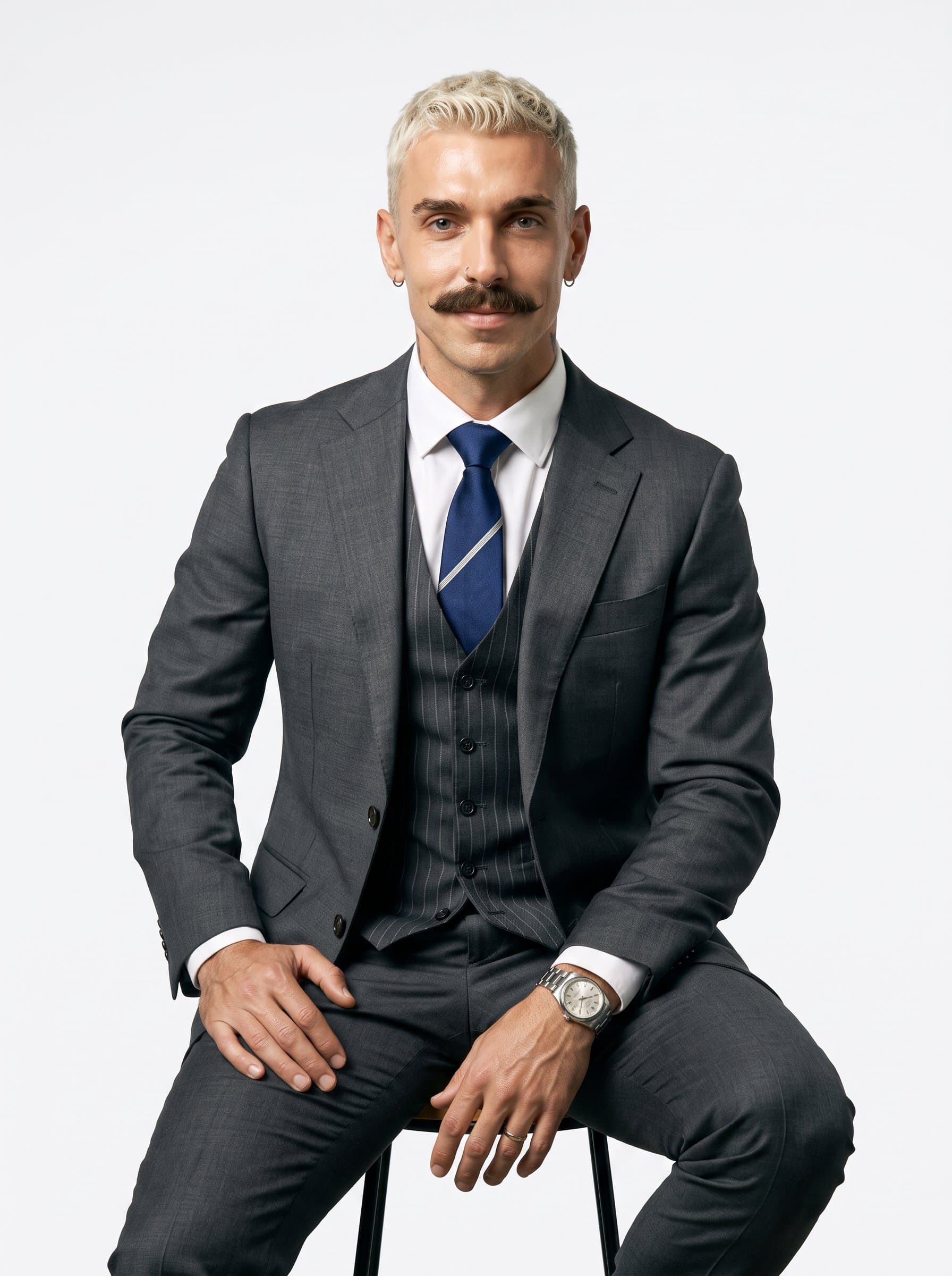 : Capture an insurance executive in a crisp, tailored suit, with an assertive yet approachable gaze, set against a minimalist white background to highlight their clarity of thought and strategic direction.
