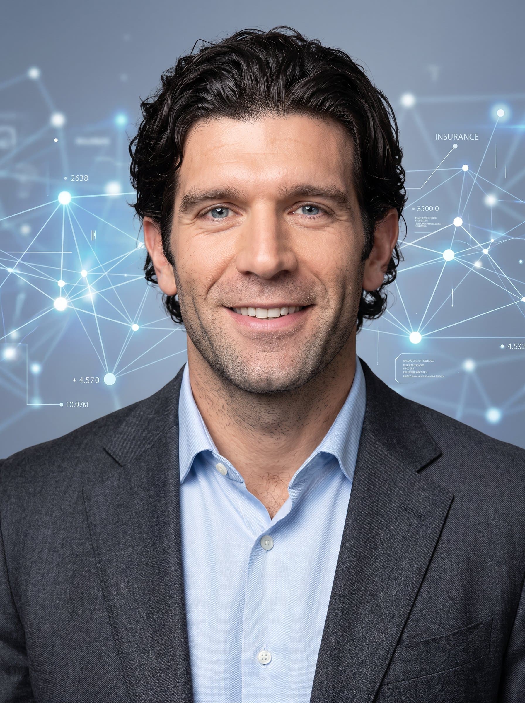 : Create a headshot capturing the essence of an innovative insurance advisor, with an intelligent, engaging expression, set against an abstract digital background to suggest cutting-edge solutions and modern expertise.