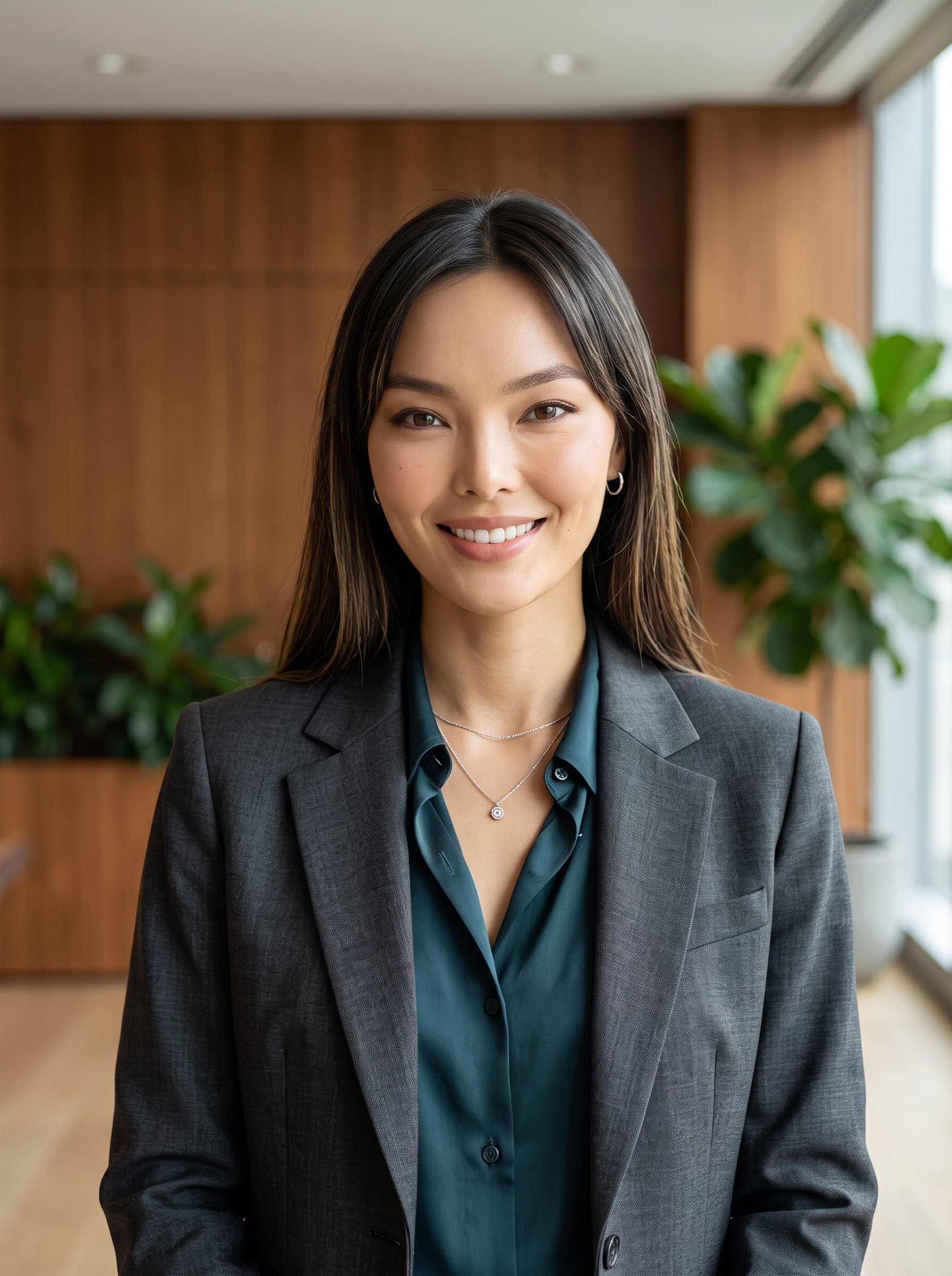 : Create a refined headshot of a seasoned insurance professional, exuding wisdom and trust, with a neutral, sophisticated background that subtly incorporates elements of nature to suggest balance and harmony.