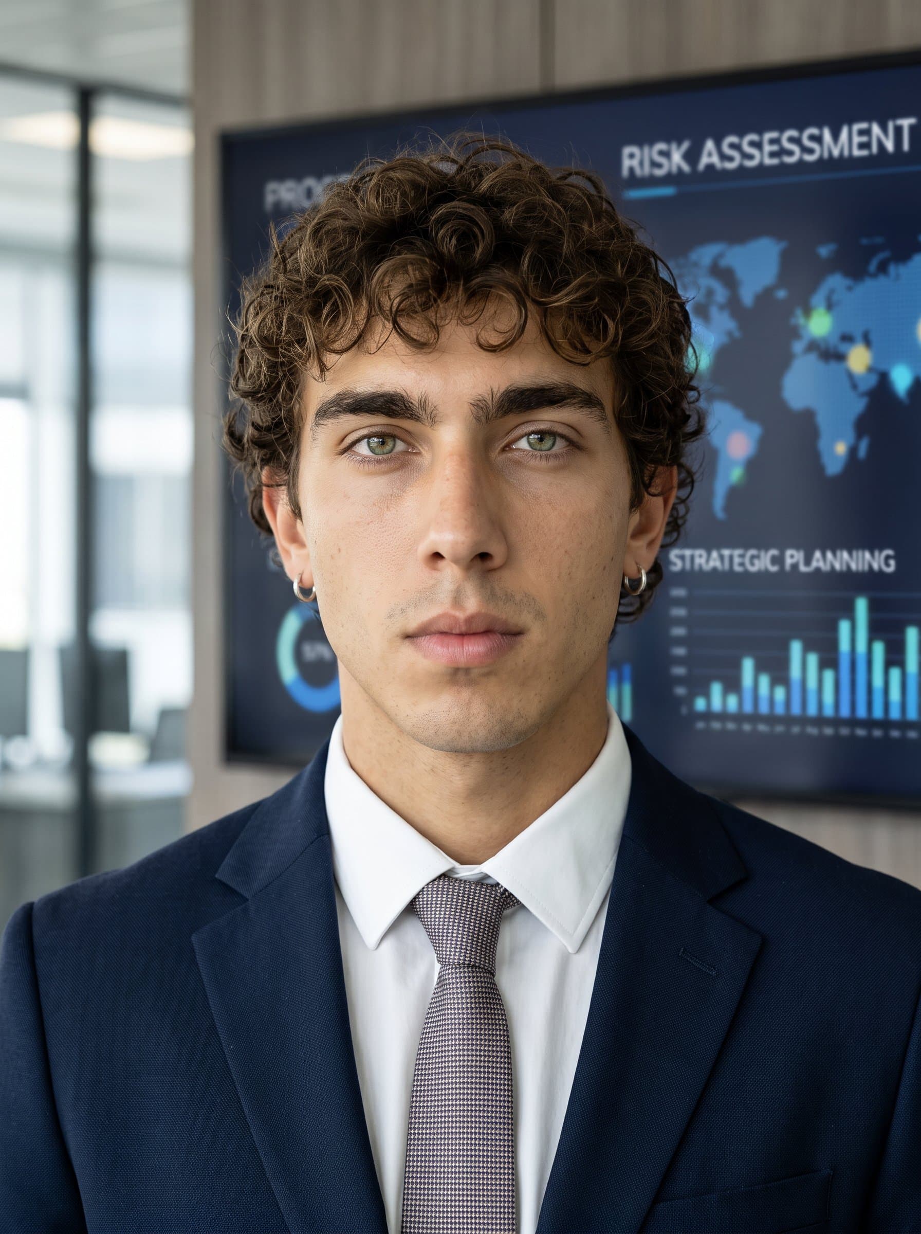 : Create a compelling headshot of an insurance evaluator, with a neutral, composed expression, set against a sleek, modern setting that highlights their expertise in risk assessment and strategic planning.