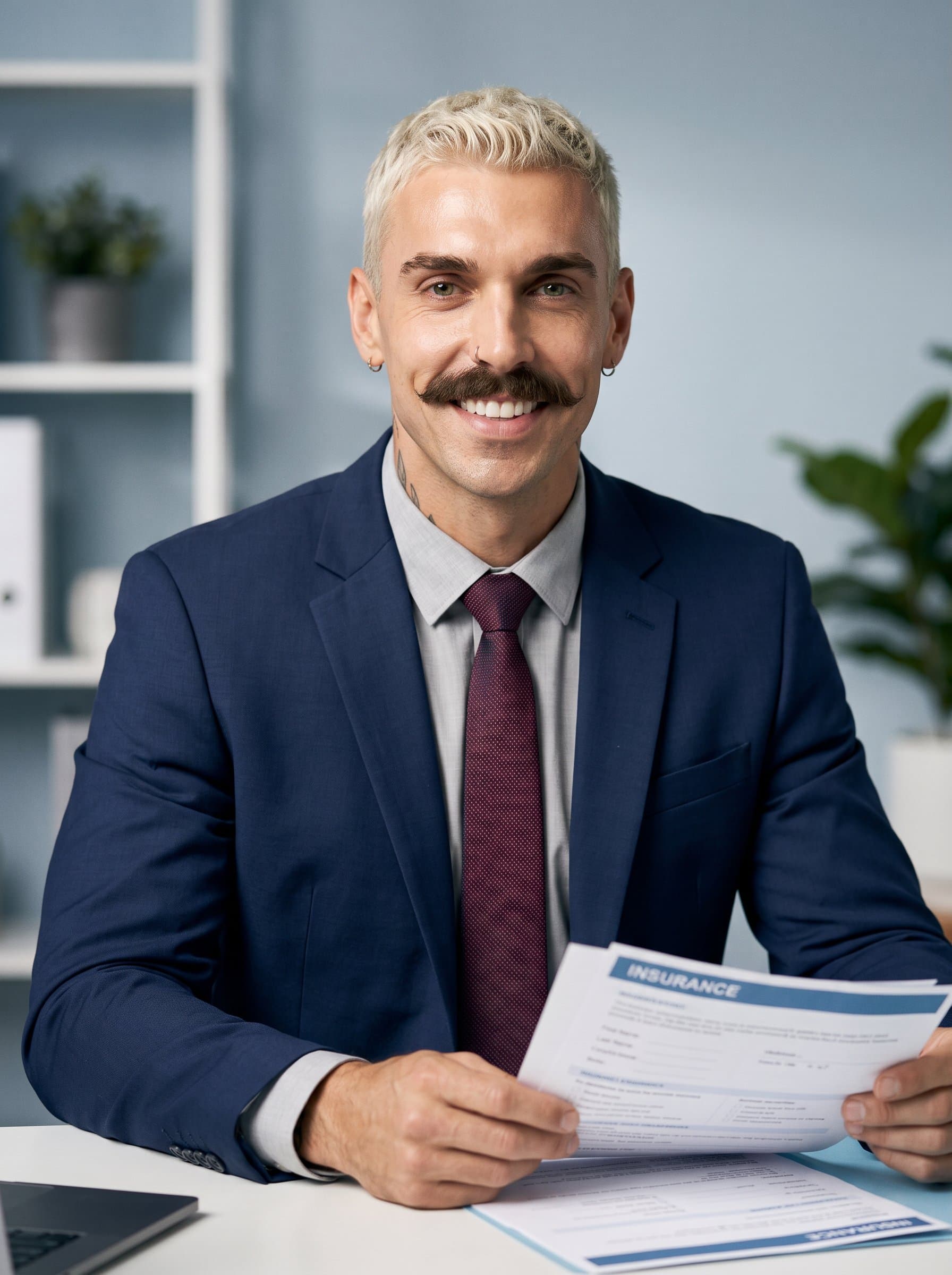 : Capture an insurance negotiator with a confident, reassuring smile, framed by a background of soft blues and grays, conveying calm, trustworthy energy essential for fostering long-term client relationships.